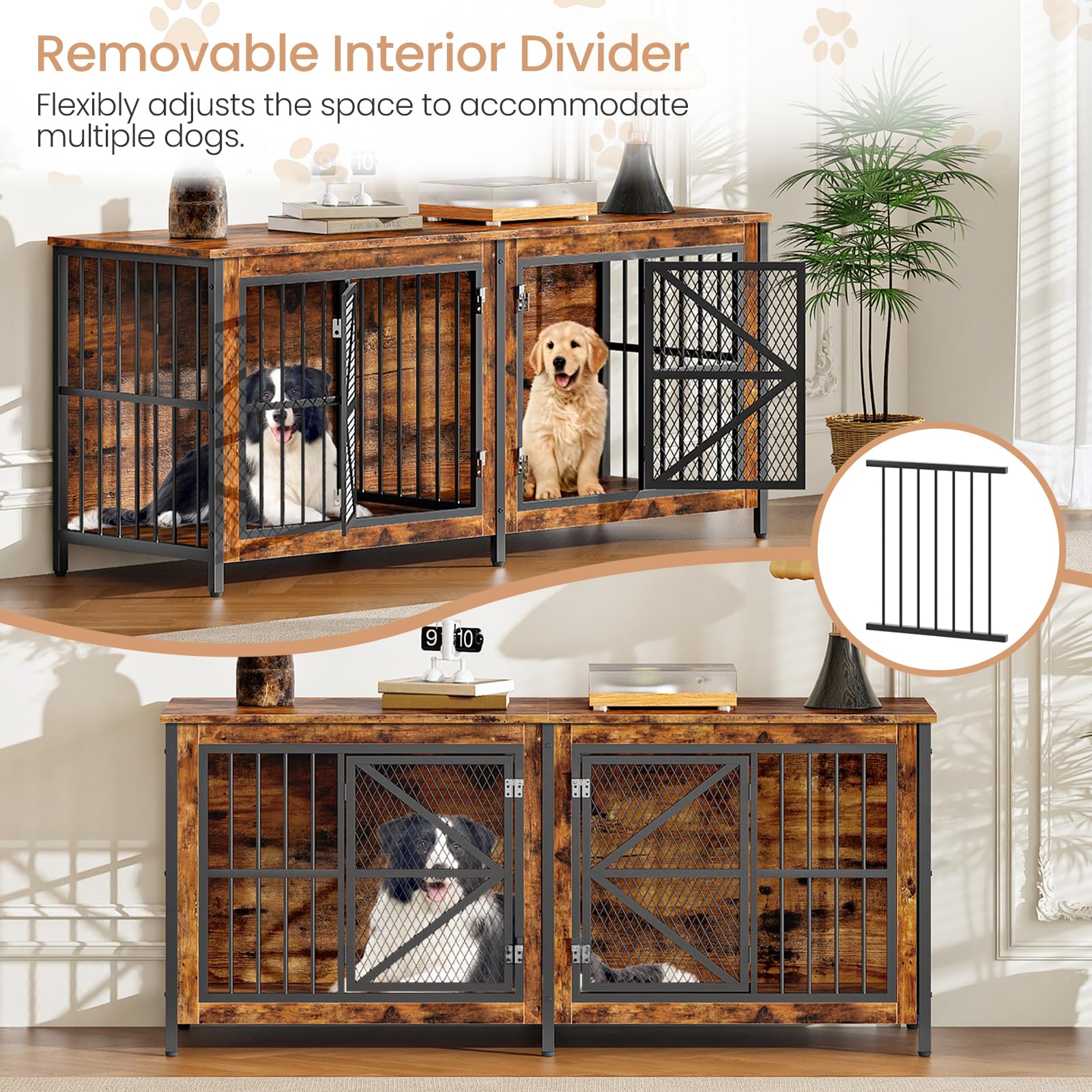 CHOEZON 71 Inch Double Dog Crate Furniture for 2 Dogs, Wooden Dog Crate End Table for Medium/Large Dogs, Dog Kennel Furniture with Divider & Double Metal Doors, Rustic Brown and Black TGW02BF - image 5