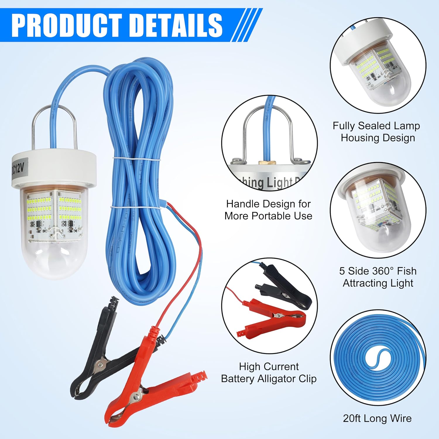 Underwater Fishing Light Super Bright 40000 Lumens 12V LED Submersible Fish Bait Finder Night Deep Drop Fishing Light for Snook Crappie Shrimp Squid Fish