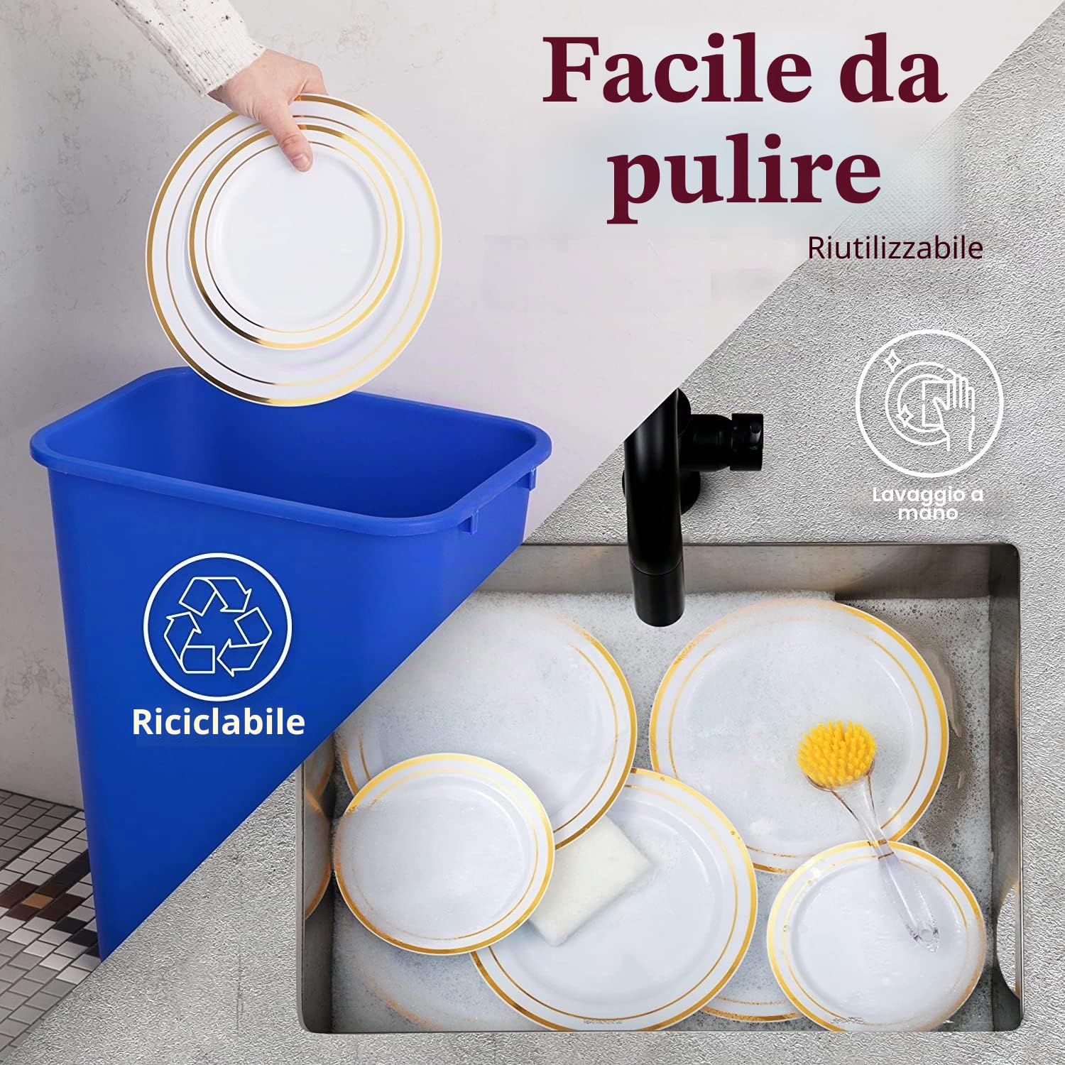 LATERN 60 Pezzi Stoviglie in Plastica Dorata, 30 Piatti Piani da 26cm + 30 Piatti per Insalata da 19cm, Piatti di Plastica Riutilizzabili per Festa di Dessert Giardino Anniversario Matrimonio