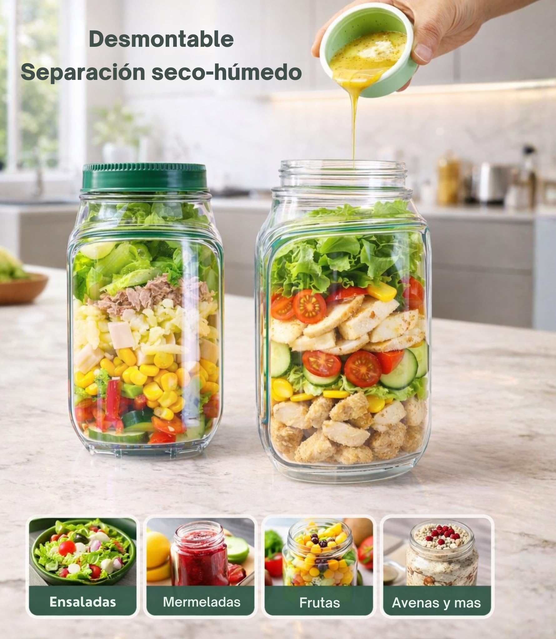SalatBox - Ensaladera para Llevar con Compartimentos y Vaso para Aliño, Tupper Hermético Antifugas, Fiambrera Portátil Sin BPA, Apta Microondas, Ideal Trabajo, Oficina, Viajes y Gimnasio