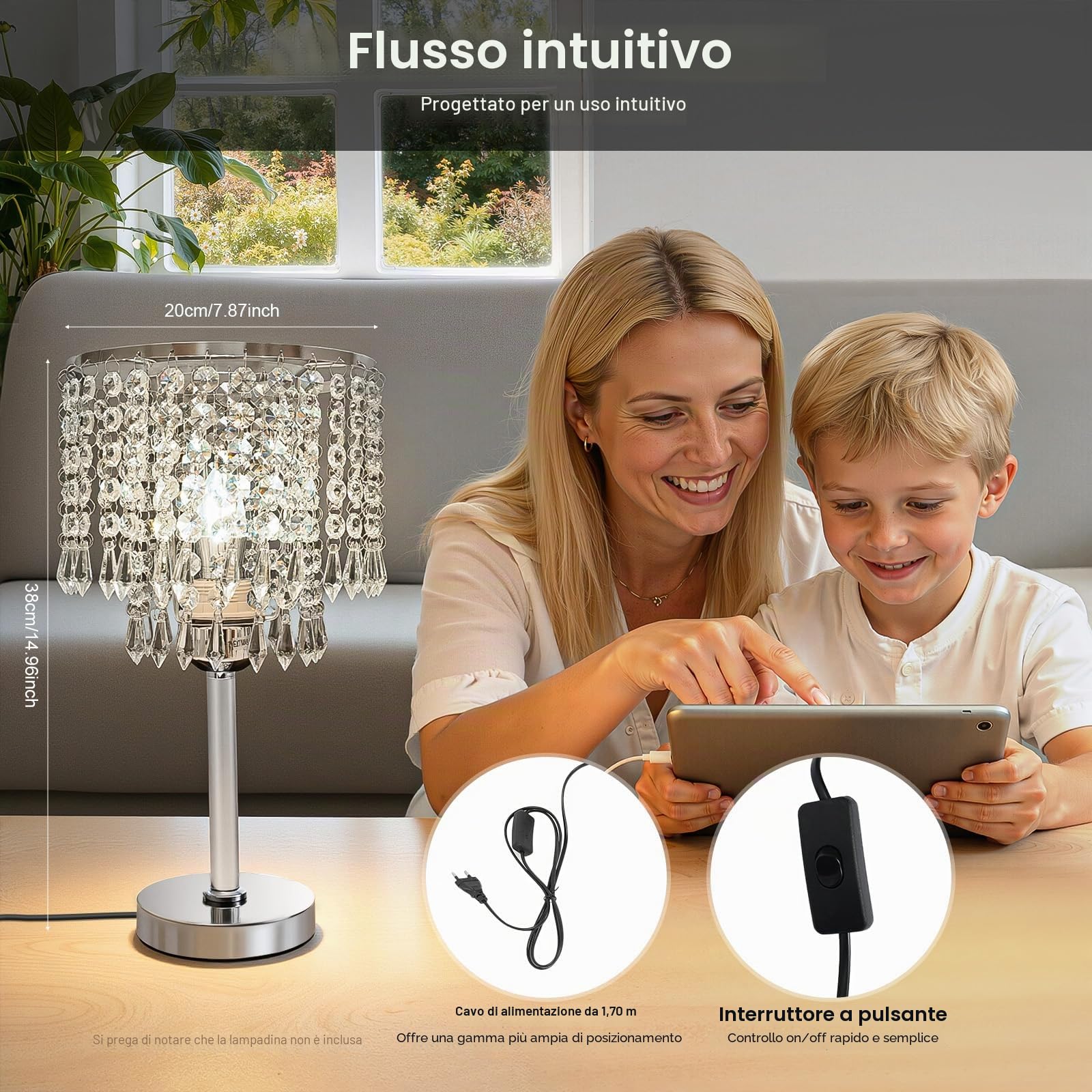 Lampada da tavolo a LED con cristallo, 220 V, per soggiorno, camera da letto, sala da pranzo
