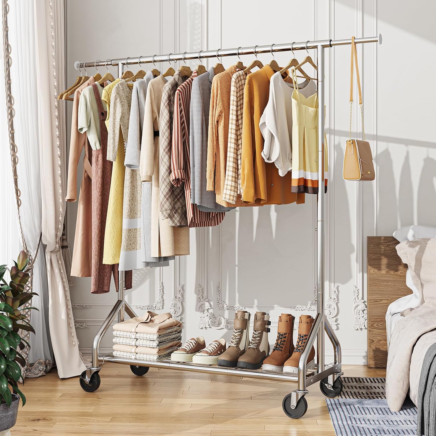 Simple Trending Heavy Duty Clothes Rack, Rolling Clothing Rack for Hanging Clothes, Metal Garment Rack with Shelves Load 450 LBS, for the Bedroom Laundry Room