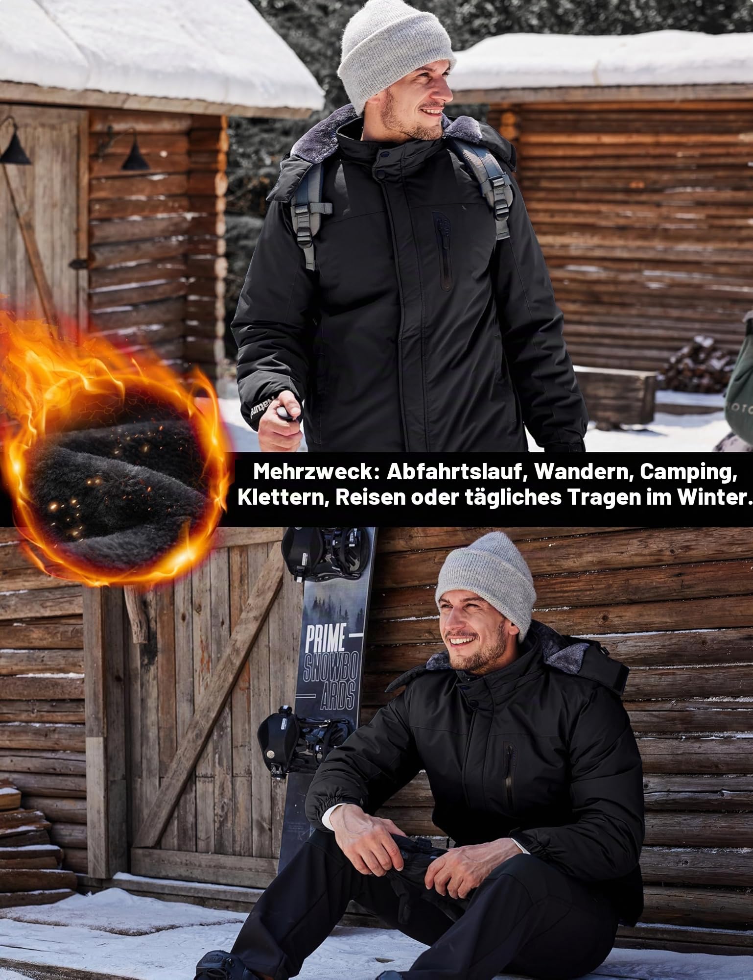 TACVASEN Winterjacke Herren Wasserdicht Warme Skijacke Fleece Gefütterte Softshelljacke Atmungsaktiv mit Abnehmbarer Kapuze