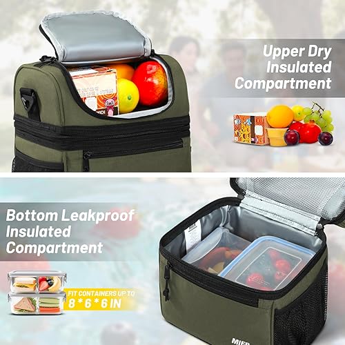 Miniatura 3 de MIER Lonchera con 2 compartimentos para hombres y mujeres, a prueba de fugas, bolsa térmica para el trabajo (M, verde militar)