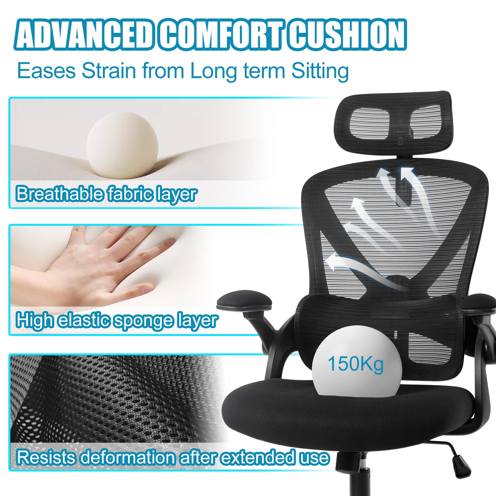 Silla de Oficina Ergonómica con Soporte Lumbar Ajustable, Reposabrazos 3D, Reposacabezas 2D, Silla Escritorio de Malla Alta Giratoria para Hogar y Oficina Estudio Gaming，Negro