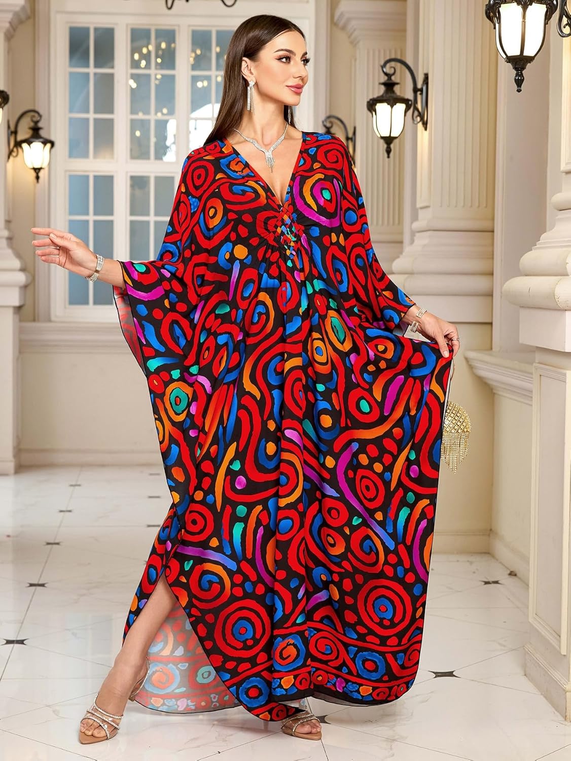 Kaftan Dresses for Women Plus Size V-Neck Moo Moos Batwing Kaftan Beach Dress Bathing Suit Cover-Up Loungewear - Image 8