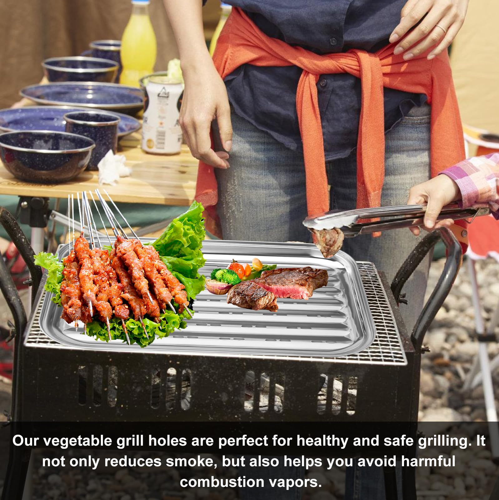 Juego de 2 bandejas para barbacoa con 2 cepillos de silicona, cesta de acero inoxidable para exteriores, bandeja reutilizable para barbacoa, accesorios para verduras, carne, carne, queso y br