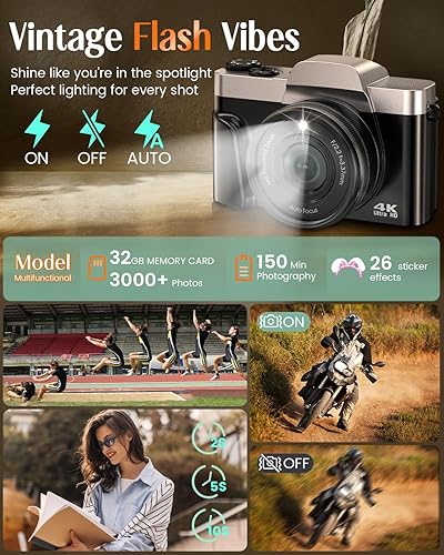 Miniatura 7 de Cámara digital 4K para fotografía con WiFi, cámara de videoblogs de 64 megapíxeles con enfoque automático para YouTube, cámara compacta de viaje de