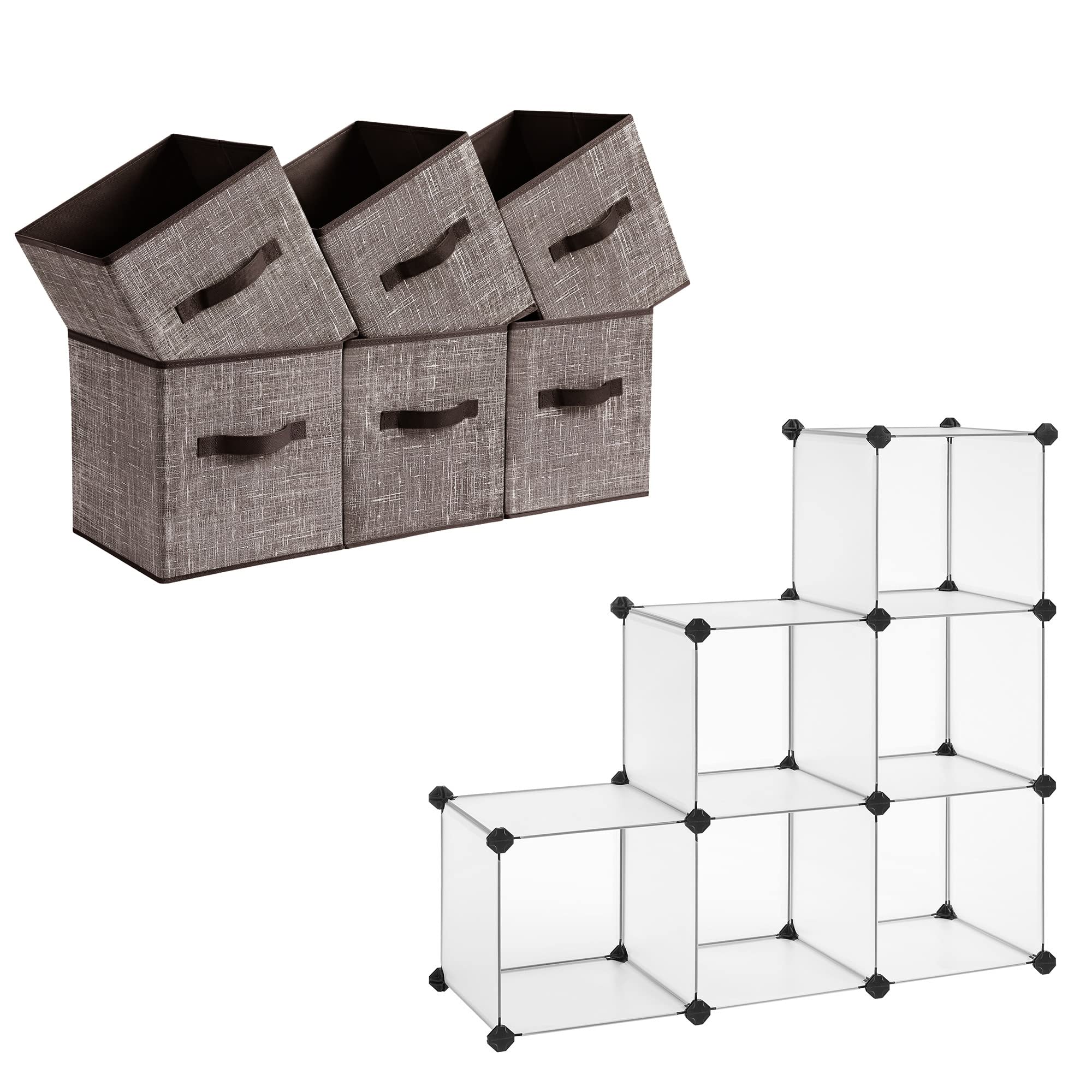 SONGMICS Storage Cubes and Cube Storage Organizer Bundle, 6-Pack 11-Inch Fabric Bins with Double Handles, Modern Design, Chocolate and White