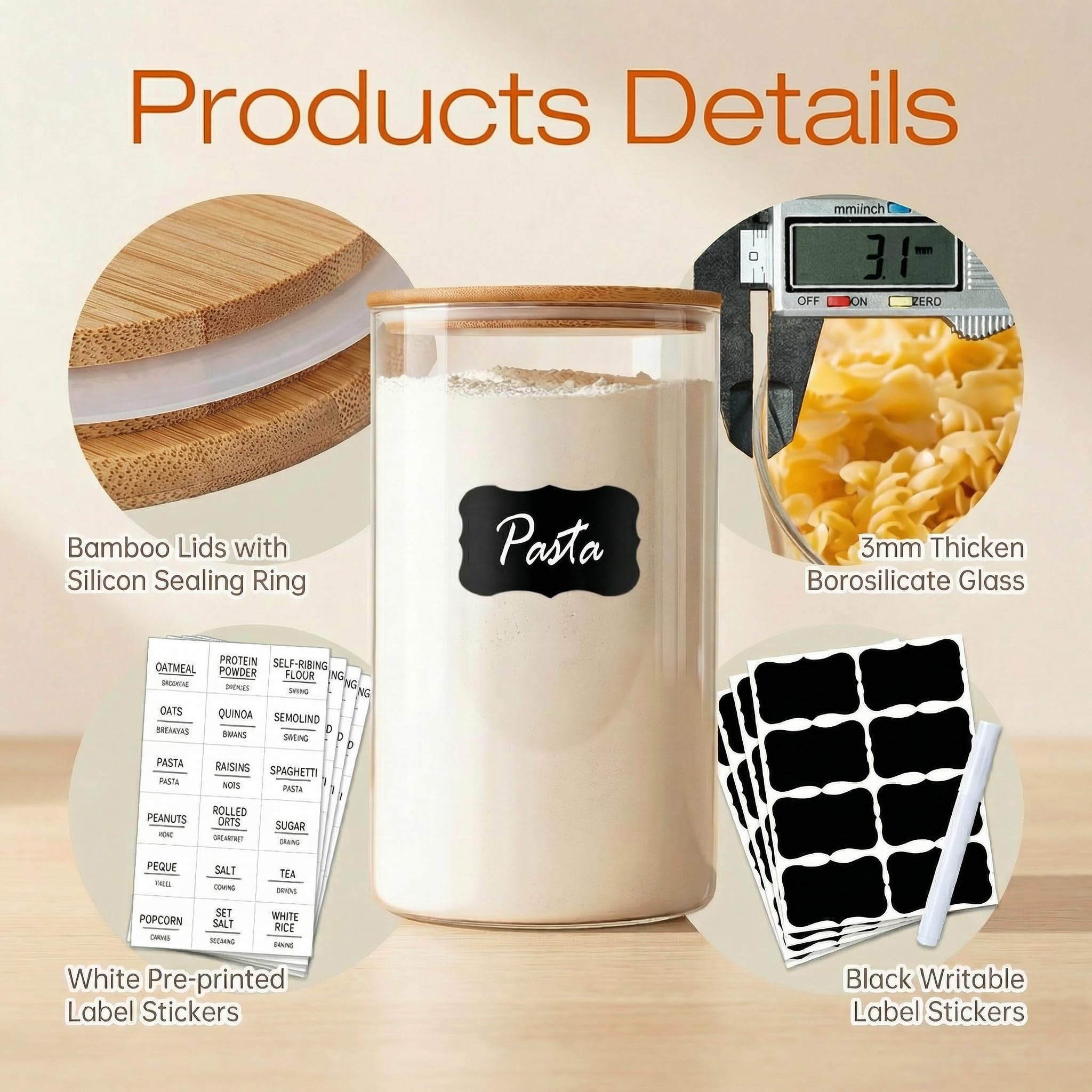 HomArtist Glasdosen mit Bambusdeckel 34 FL OZ [8er Set], Glasdosen mit luftdichtem Deckel, Glasbehälter für Lebensmittel für Nudeln, Hafer, Kaffee, Mehl, Reis, am besten für Küche & Speisekammer