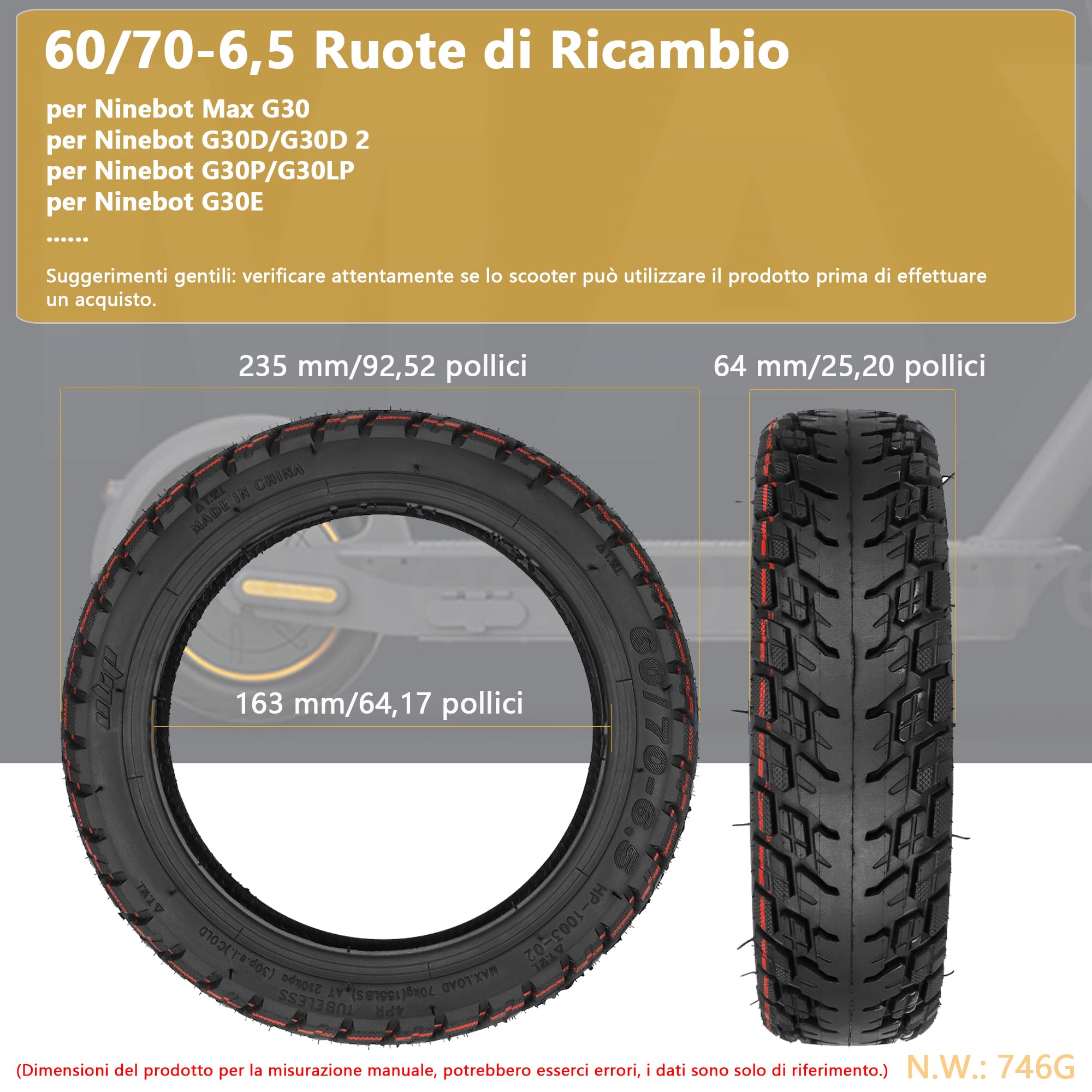 60/70-6,5 Pneumatici Tubeless Tutto Terreno per Xiaomi 5/5 Pro/5 Max, per Ninebot MAX G30/G30D/G30D 2 Monopattini Elettrici Resistenti all'Usura Pneumatici di Ricambio Auto-Riparabili