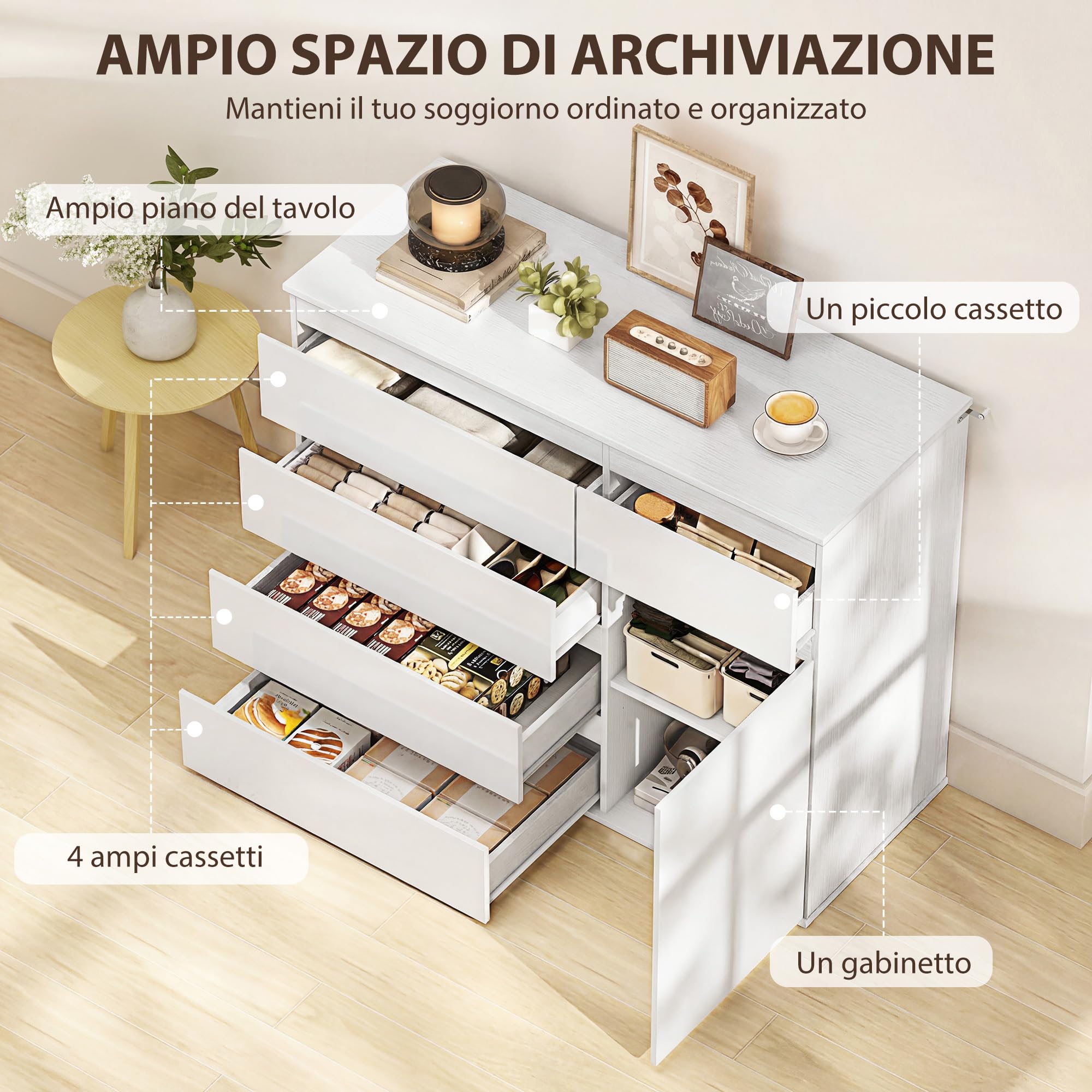 HOMCOM Cassettiera Camera da Letto 5 Cassetti, Como Camera da Letto Moderno con Ripiano Regolabile, Ante Soft-Close, Cassettiera Salvaspazio per Soggiorno Cameretta, 100x40x80 cm, Bianco Lucido