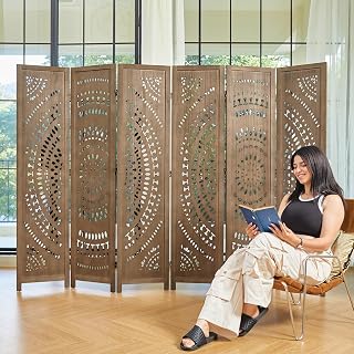 Room Divider Wood Carved Wall Divider Indoor Folding Bohemian Style Portable Partition Screen for Home Office Garden Terrace - 6 Panels (Brown)