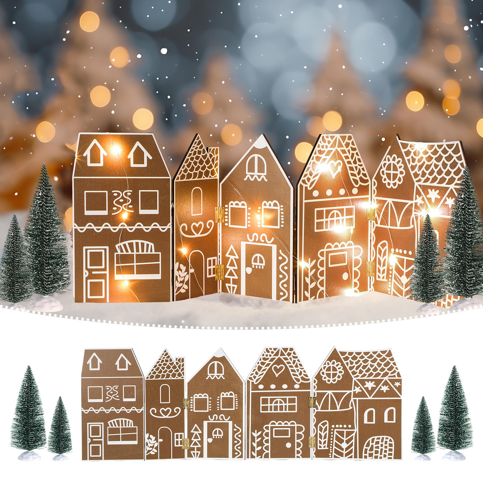 Chunful Ensemble de village de Noël en bois avec 4 arbres de Noël et guirlande lumineuse à DEL pour décoration d'intérieur, de maison, de table, de cheminée (maison en pain d'épice)