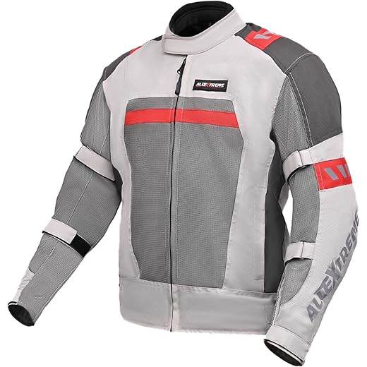 AllExtreme BAZOOKA Unisex All weather Adult Motorcycle Riding Jacket with Impact Protection Back & Elbow Guard Reflective Stickers and Abrasion Resistance (XL, Grey & Red)