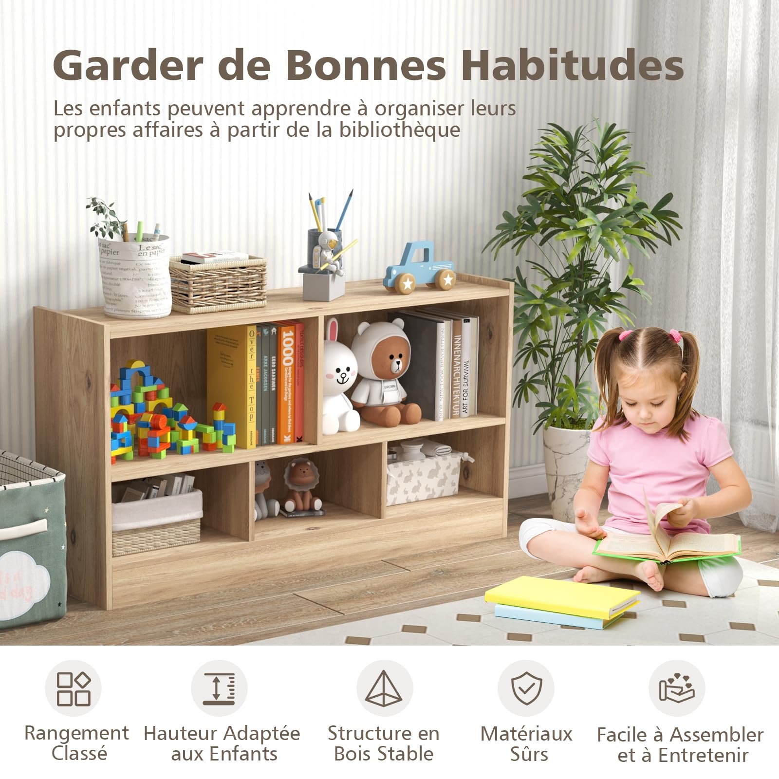 GOPLUS Bibliothèque 5/8 Cubes Ouvertes, Meuble de Rangement Bibliothèque Enfant Salon pour Livres et Jouets,111 x 30 x 61,5CM, Naturel