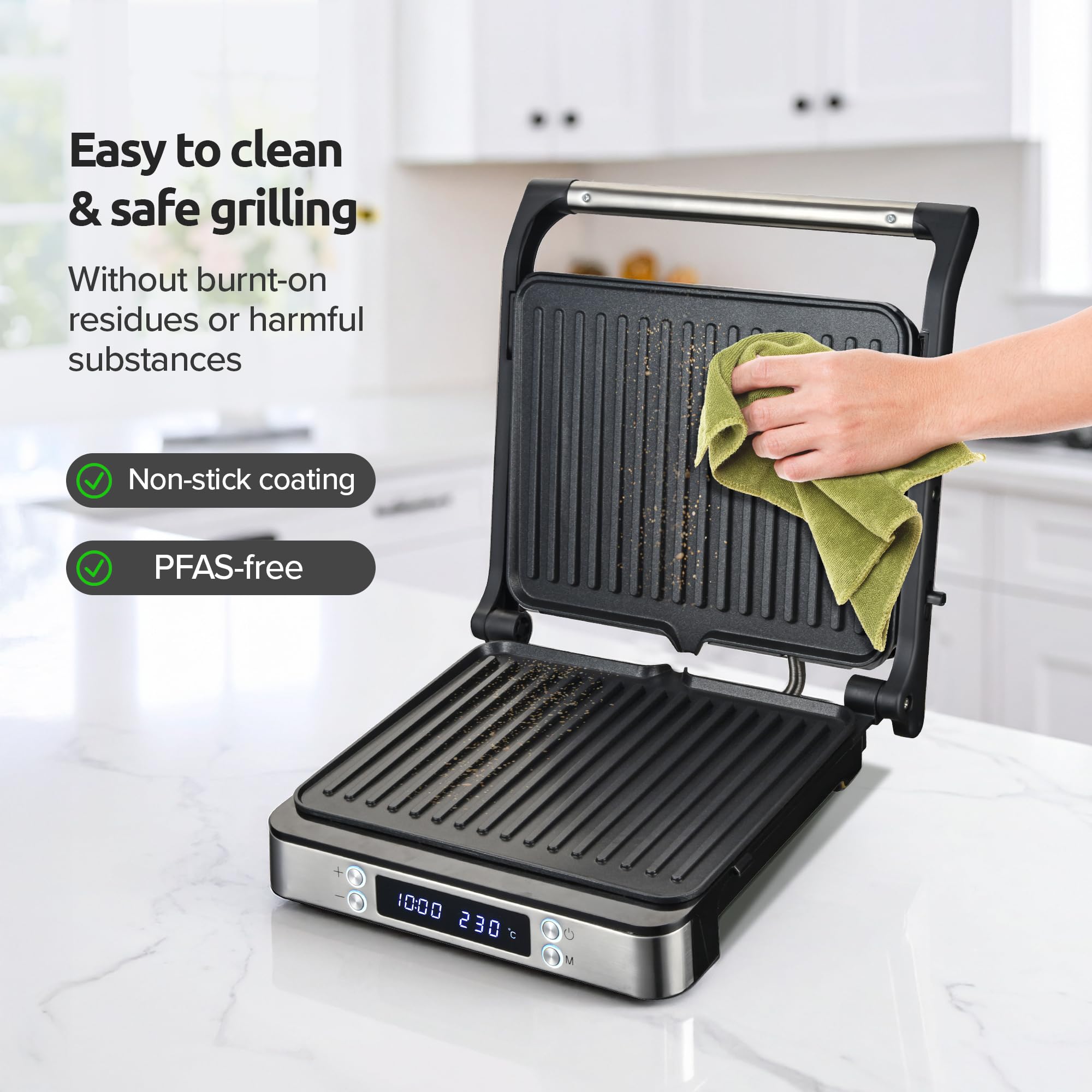 Olvy Cyfrowy grill kontaktowy z płytkami nieprzywierającymi, urządzenie do kanapek 3 w 1, grill otwarty w 180°, regulacja temperatury, timer, duża powierzchnia gotowania, uchwyt Cool-Touch, srebrny