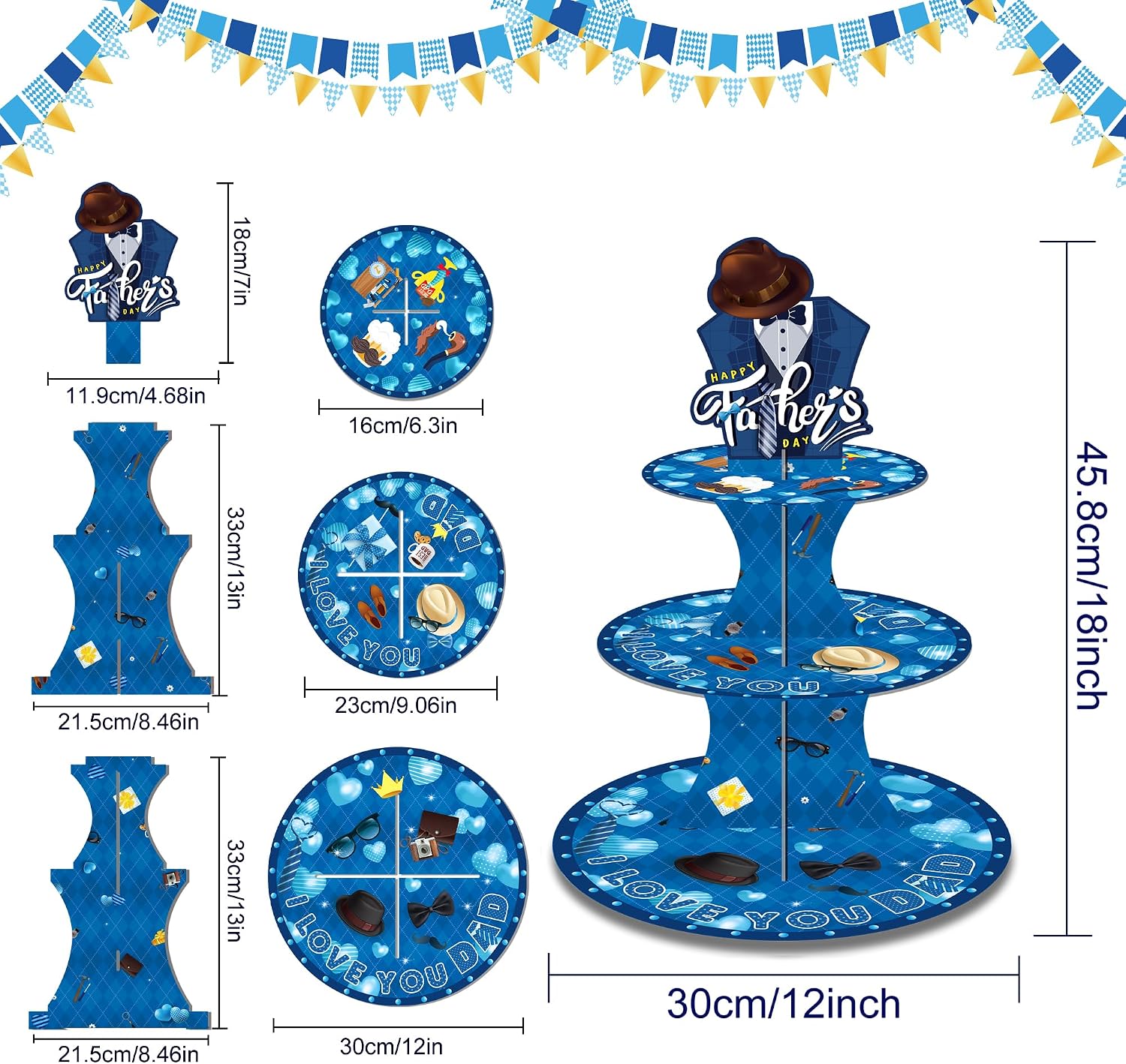 3 Tier Father's Day Cupcake Stand Happy Father's Day Decorations I Love You, Daddy Paper Cupcake Stand Holder for Birthday Party Decoration Supplies image 3