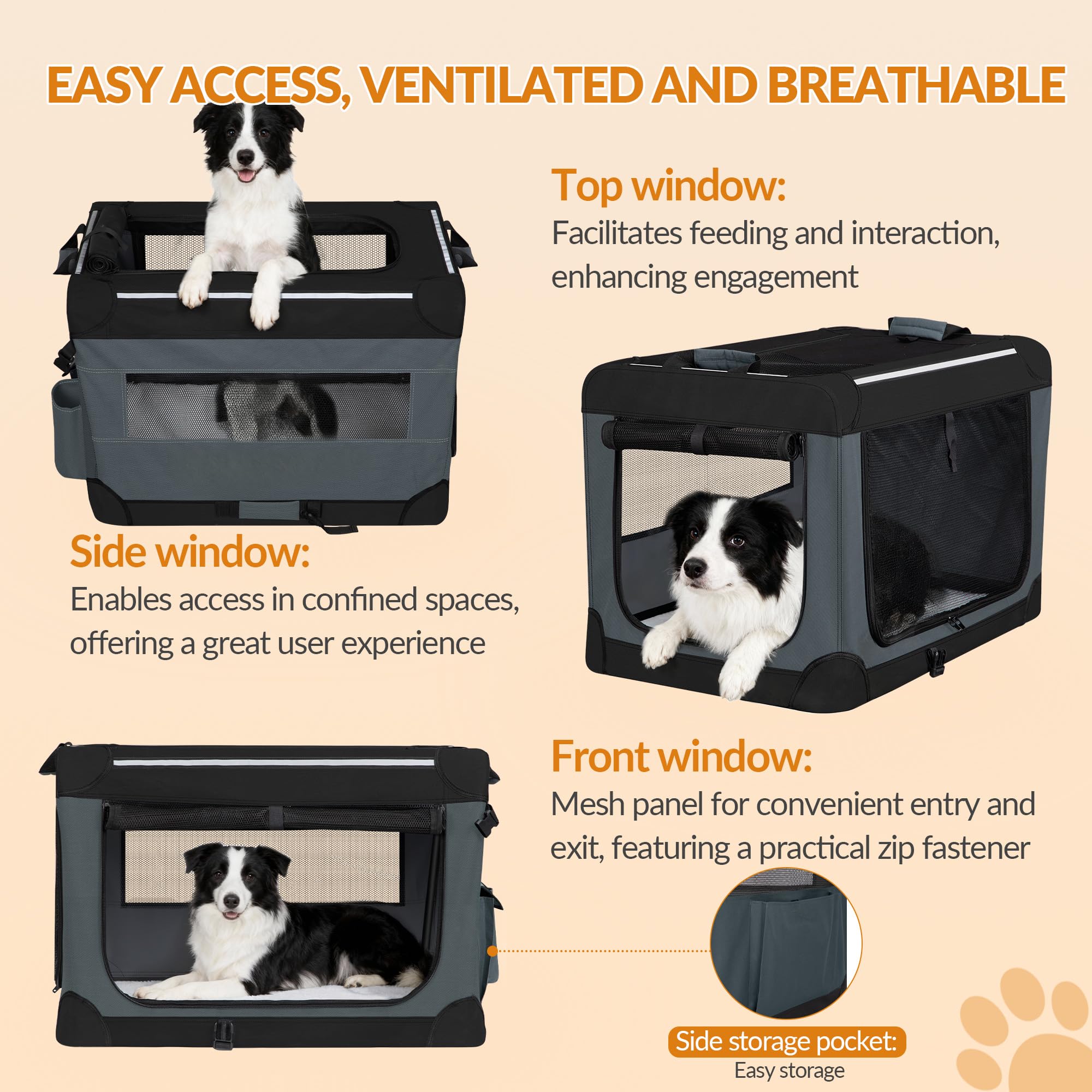 Hundebox Faltbar mit 3-Türiger, 76,2 x 53,4 x 53,4 cm, Grau | Transportbox Hund, Tragbare Hundetasche mit Reflektierenden Streifen, Taschen, Oxford-Gewebe, Matte ist Abnehmbar, FPDT006OG1