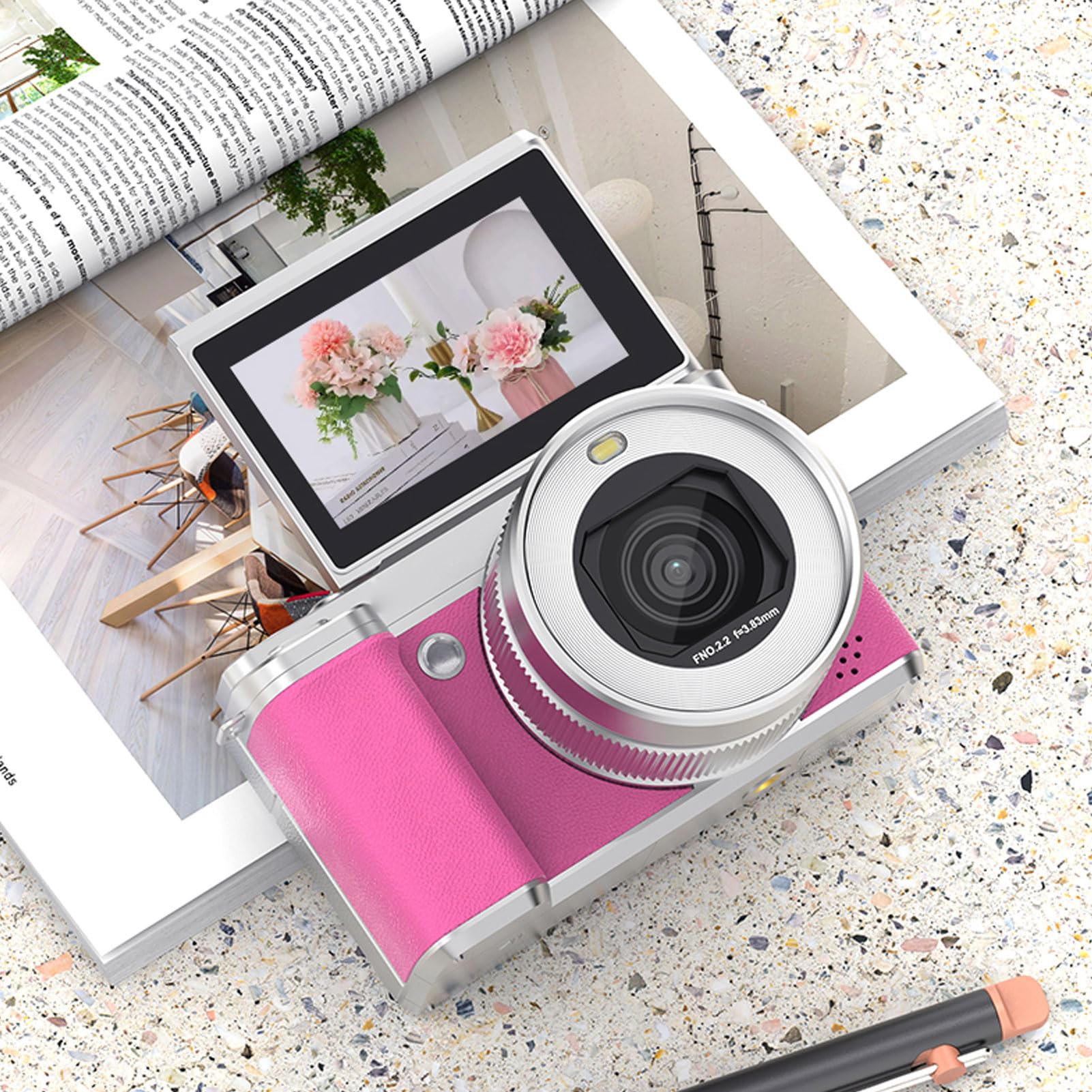 Fotocamera Digitale 5k per Fotografia, Videocamere Wi FI 80MP, Videocamera HD AutoFocus Compact Cam da 3 Pollici da 3 Pollici a 180 ° Schermo con Zoom Digitale 18x per VLOG (PINK)