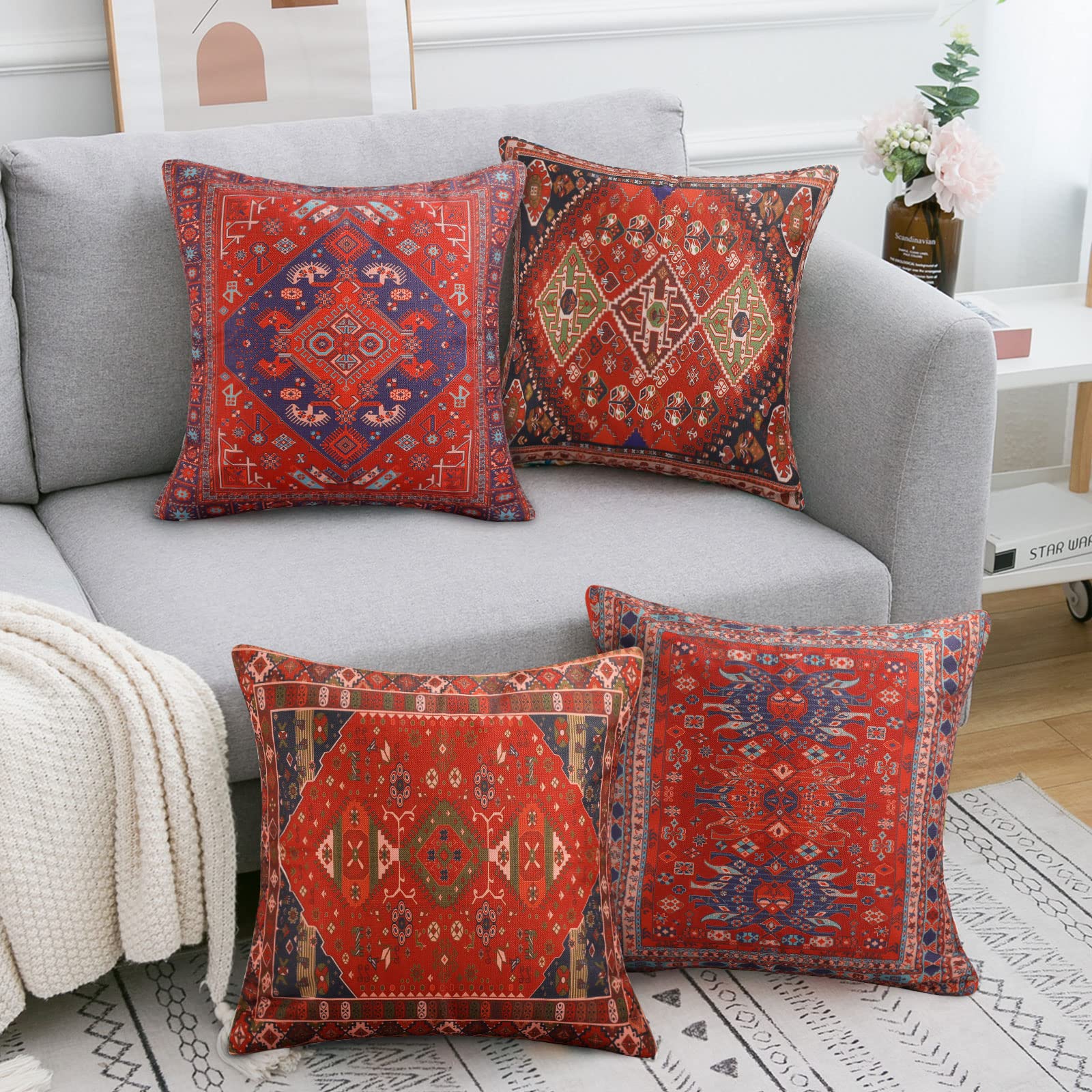 ASDCXZ Boho Kussensloop, 40 x 40 cm, set van 4, modern, abstract, kunst, bladeren, zon, beige, voor bank, sierkussen, wasbaar, polyester, vlas textiel, voor buiten
