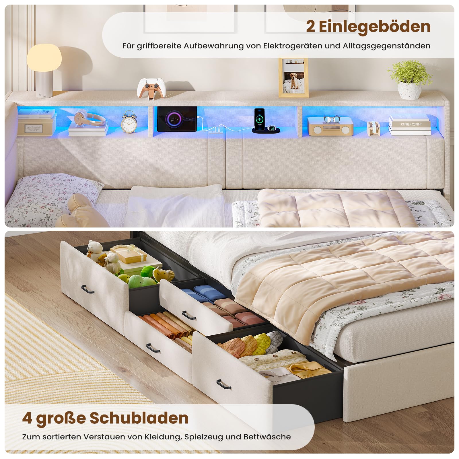 AOGLLATI Polsterbett Schlafsofa 140x200, Doppelbett mit LED-Beleuchtung & Ladestation, Betten 140x200 mit 4 Schubladen und Lattenrost aus Metall, Jugendbett Tagesbett, Leinen Beige (ohne Matratze)