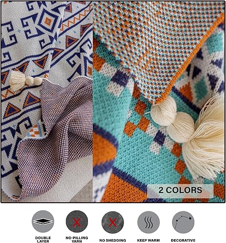 Miniatura 2 de Manta bohemia para el hogar, suave y que no se desprende, azul y naranja, acogedora manta ligera para todas las estaciones para uso en interiores y