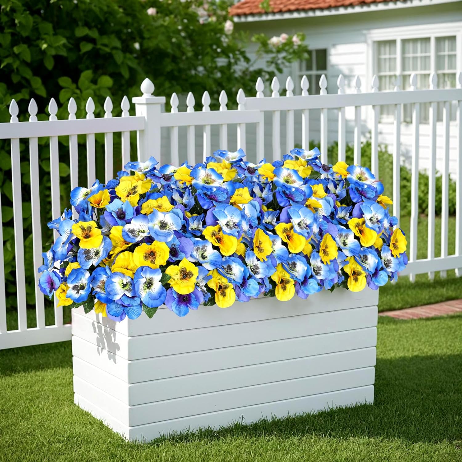 SOMYTING 10 Bundles Artificial Flowers for Outdoor Fake Pansy Flower Faux Silk Pansies Flowers for Planters Home Garden Outdoor Spring Summer Decoration (Blue Yellow, 10PCS)