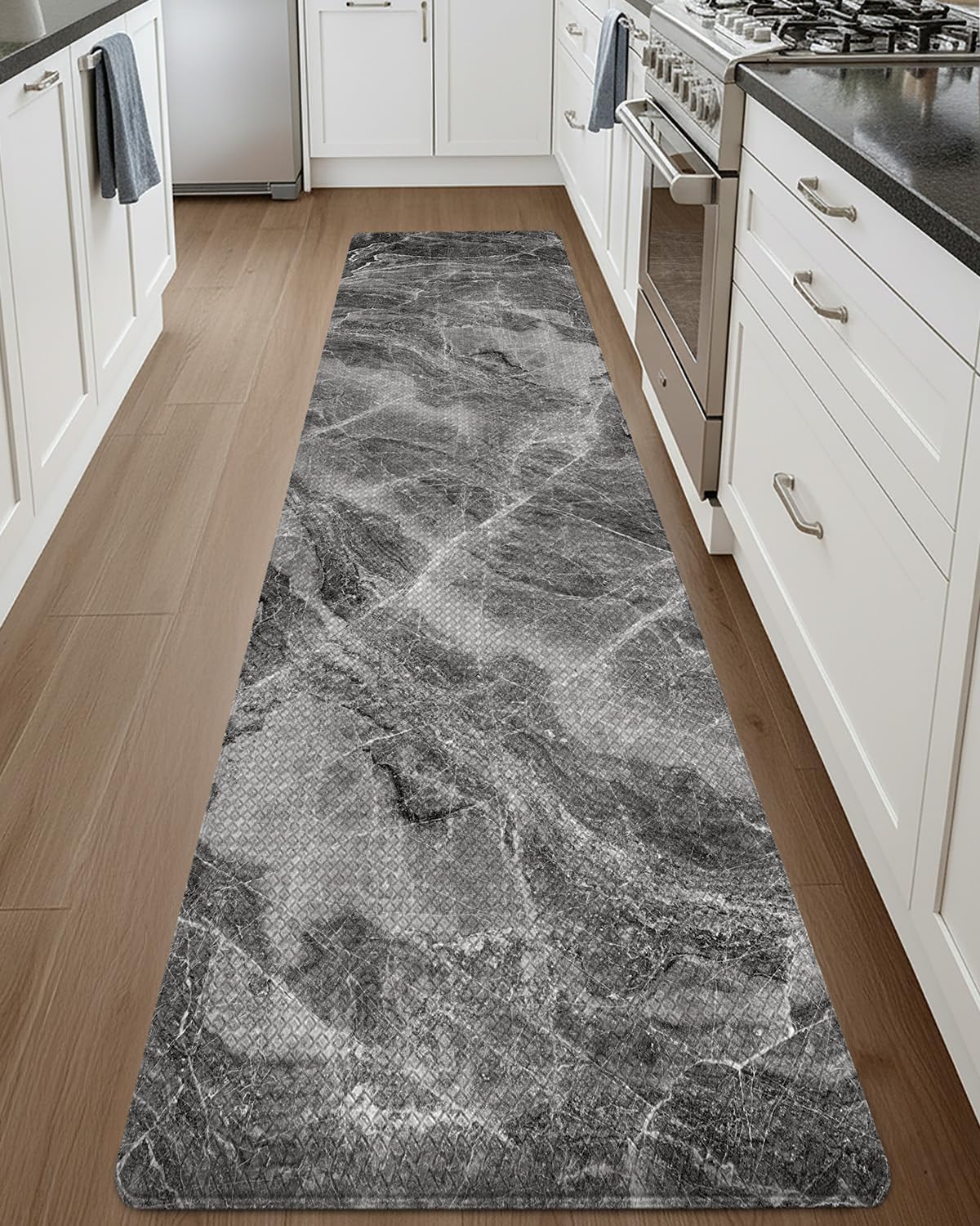 DEXI Kitchen Floor Mats Cushioned Anti Fatigue, 23x86 Large Long Standing Comfort Runner Rug Waterproof, Marble Memory Foam Padded for Front Sink Laundry, Dark Grey 86"L x 23"W x 0.4"Th Dark Grey