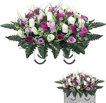 Lodou Cemetery Flowers for Grave,Headstone Flower Saddle,Flowers for Cemetery Grave Decoration Headstone Flower Saddle for Headstone Decoratio Purple White