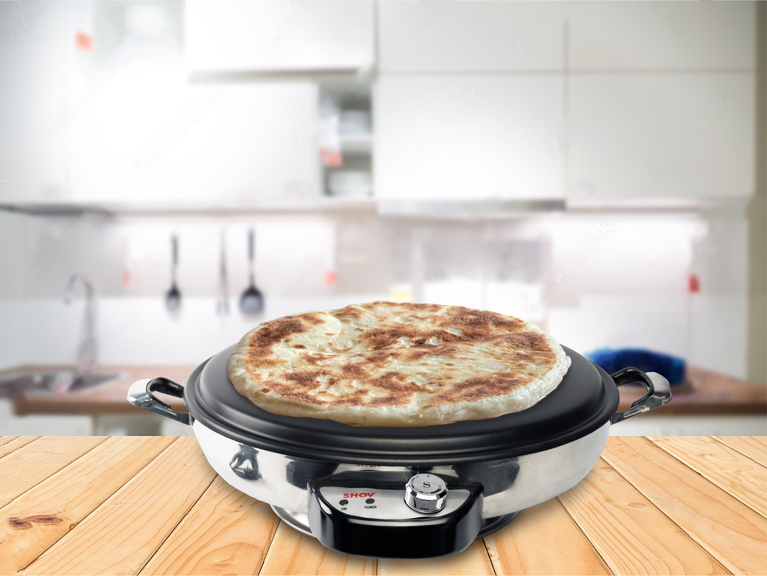 SHOV Panadería profesional de 50 cm Crepe & Yufka, 2300 W, acero inoxidable, antiadherente, ajuste de temperatura hasta 265 °C