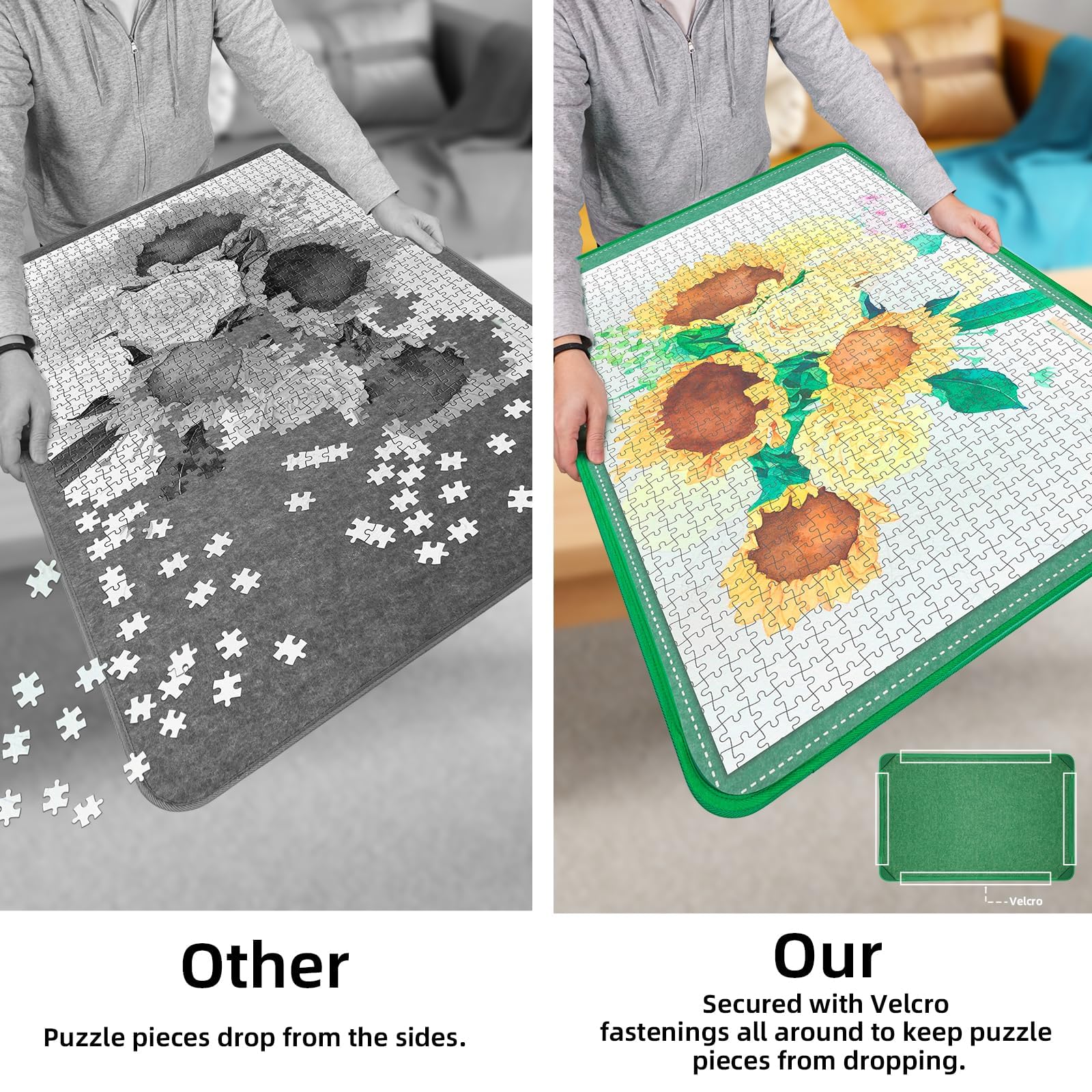 MOZOOSON Puzzle 1500 szt., składana tablica do puzzli, akcesoria do przenoszenia i przechowywania, tablica do przechowywania puzzli 95 x 65 cm (8 tacek do sortowania)