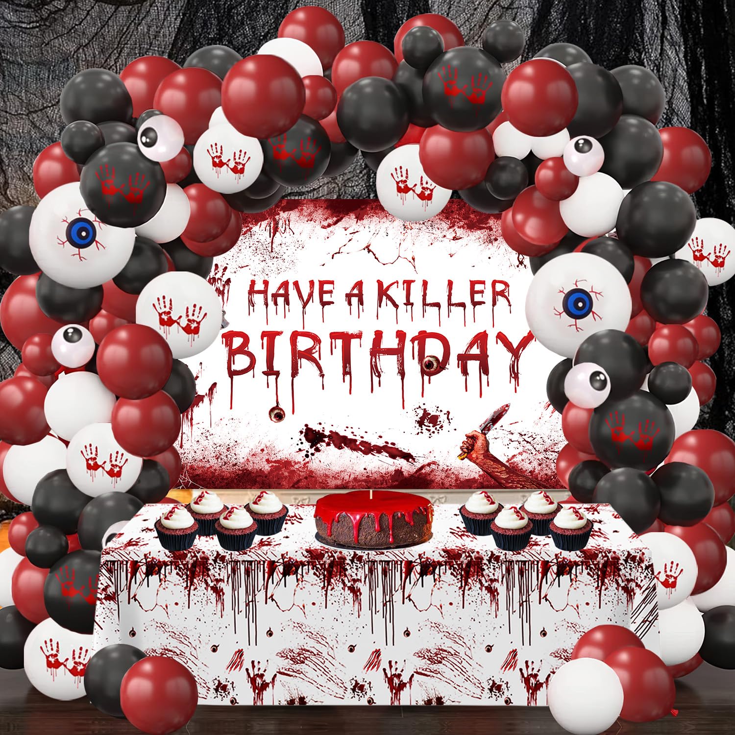 MEHOFOND Halloween Balloon Garland with Bloody Tablecloth Have a Killer Birthday Banner Black Red and Bloody Hand Print White Balloons for Halloween Scary Birthday Party Decorations Supplies