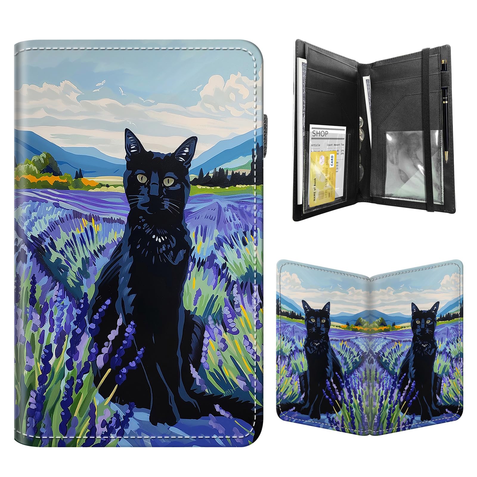 FQSXFIFN Leather Server Book for Waitress, Cute Server Book with Zipper Money Pocket,Check Presenters Waitstaff Organizer Fit Server Apron, Lavender Cat Serving Books, Black Waiter Books for Servers