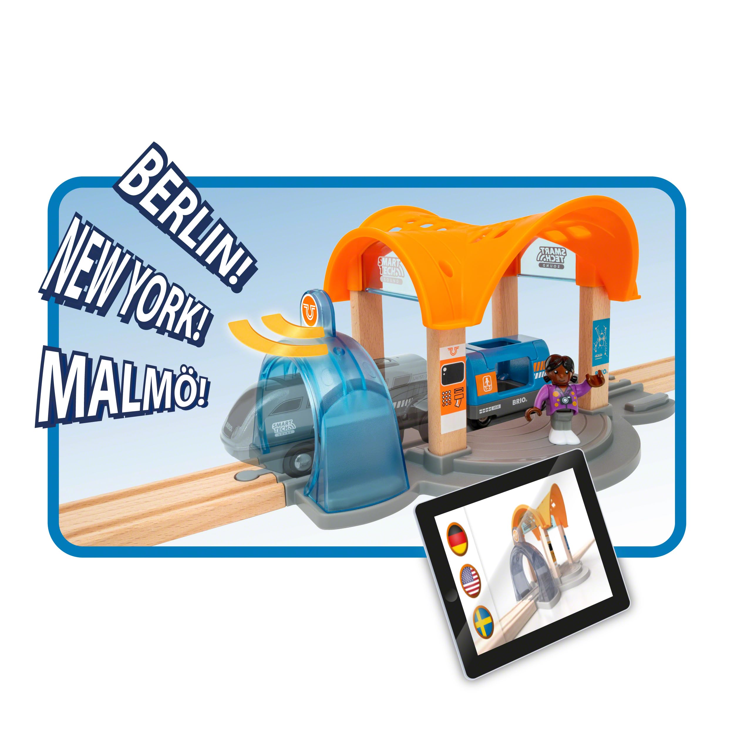 BRIO World 33973 Smart Tech Sound Bahnhof mit Action Tunnel – Zubehör Holzeisenbahn – Interaktives Spielzeug empfohlen ab 3 Jahren