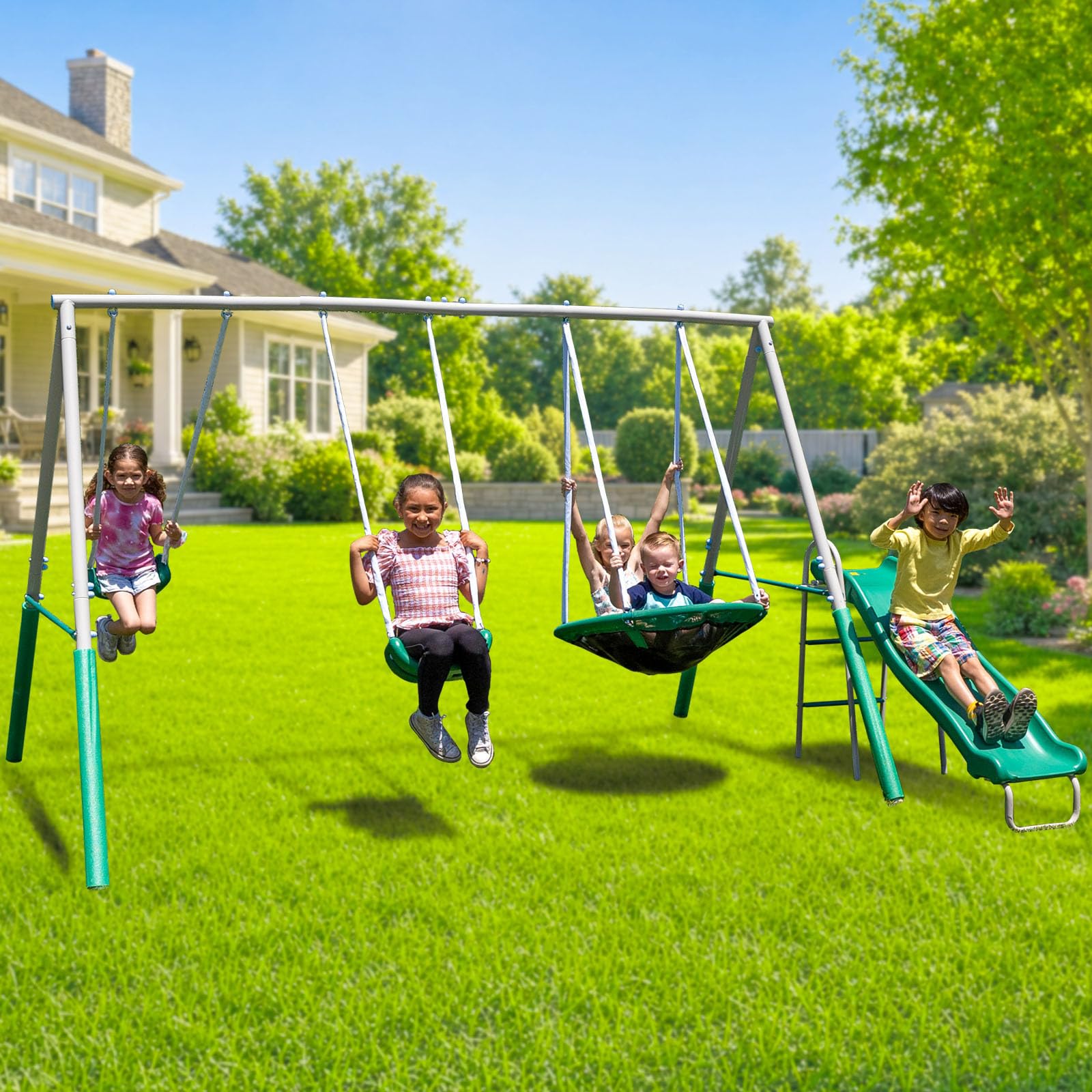 sportspower northridge metal swing set, 500 lb capacity, 32" saucer, 2 blow-molded swings & 5ft slide, durable 6ft frame, outdoor backyard playset for kids aged 3–8