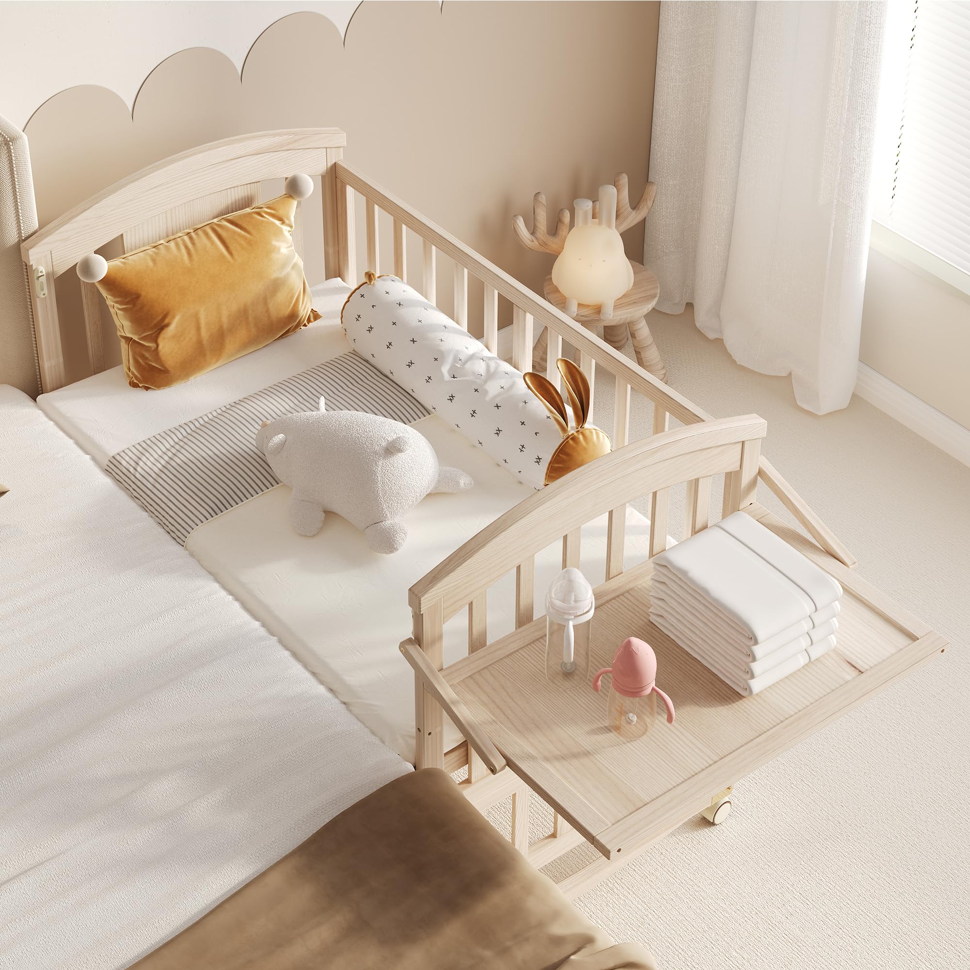 Babybett multifunktional 120x60 cm mit Wickelkommode & Rollen, ausziehbar auf 162 cm, Beistellbett mit faltbarem Regal, Baby Bett aus Holz Natur, ohne Matratze