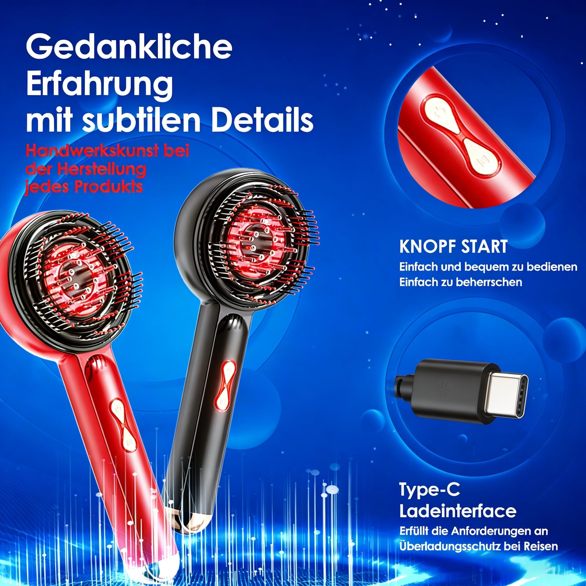Elektrischer Kopfhautmassagegerät mit Rotlichttherapie für Haare, 2-in-1 Multifunktions-Kopfhautmassagekamm, kabellos & tragbares Haaröl-Applikator für den Hausgebrauch