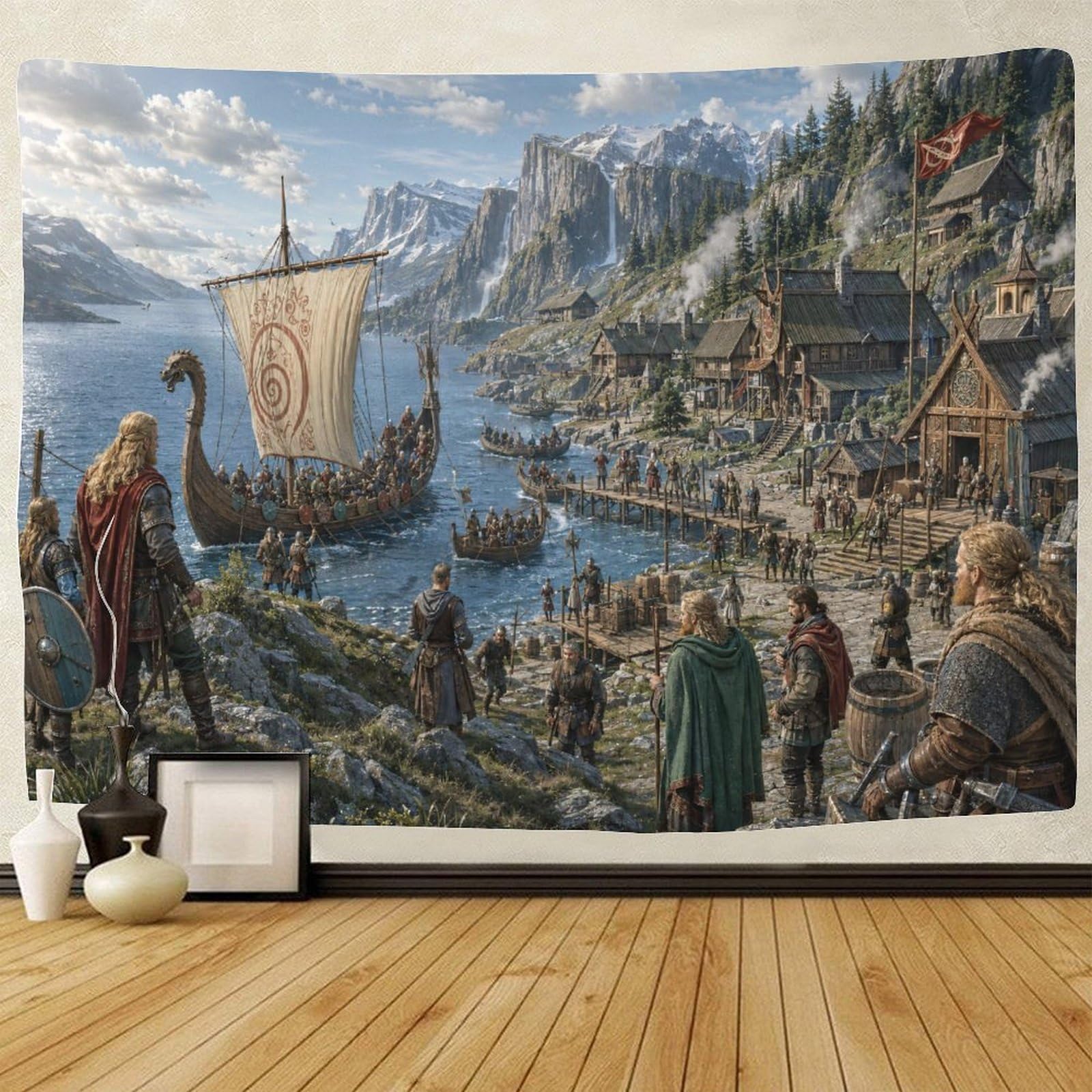ASDFGHJKLZA Viking Longship Nordic Fjord Village 3D Print Tapestry for Bedroom Wall Hanging Decor Tapestries Poster Curtain Bedroom Dorm 180cmx230cm
