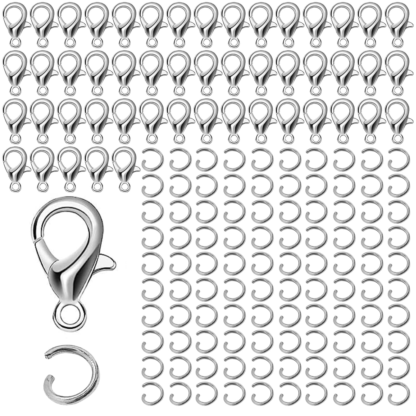 LABUYI150Pcs Lobster Clasps,Bracelet Clasps,Clasps for Bracelet Making Set,Jewellery Clasps,for DIY Crafts Jewellery Bracelet Necklaces Making,with 100pcs Open Jump Ring(Silver)