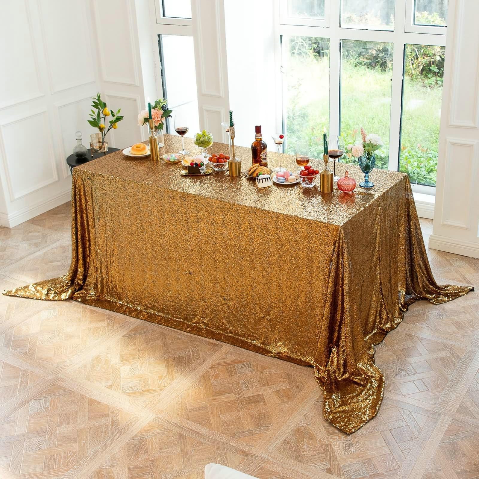 Gualiy Manteles Tela Mesa Rectangular, Poliéster Mantel de Fiesta 153x260CM Mantel Antimanchas Salon Lentejuelas de Color Sólido Manteles para Mesa Cocina, Oro Negro