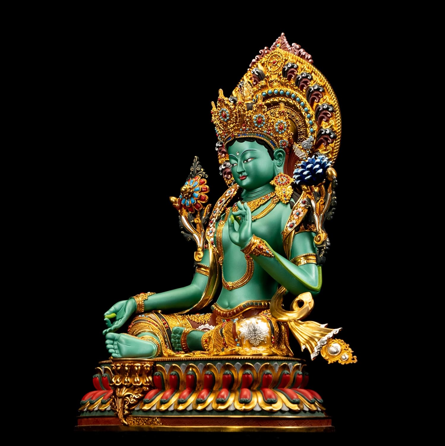 Handmade Copper Buddha Statue Indoor, Green Tara Buda Sculpture for Home Decor, Hand-Painted Colored Buddhist Budda,14.17"