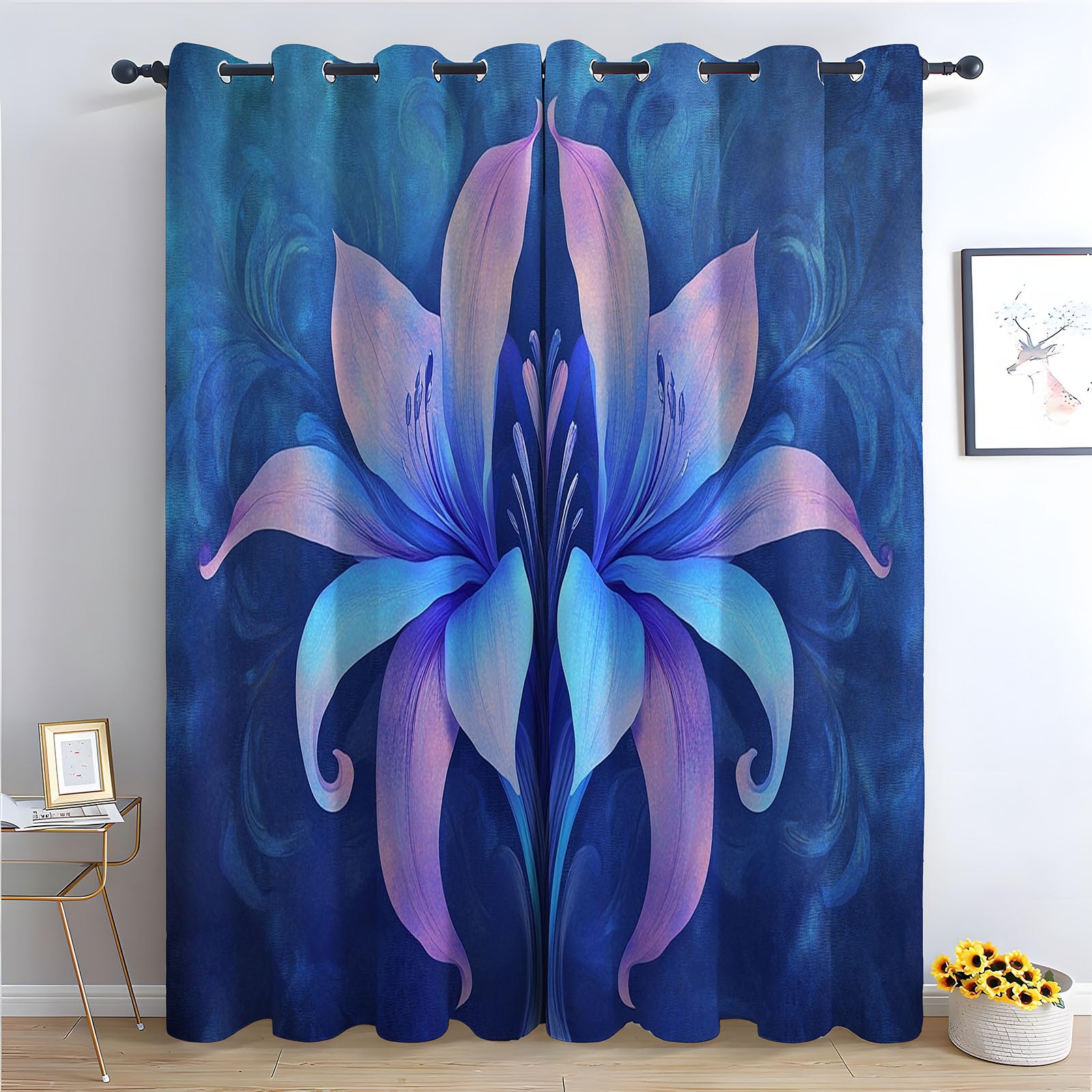 WIKEO Floral Curtains for Living Room Abstract Modern Floral Botanical Blackout Curtain,Thermal Insulated Long Farmhouse Print Decorative Grommet Drapes, 2 Panels-52 W x 96" L (Pack of 2)