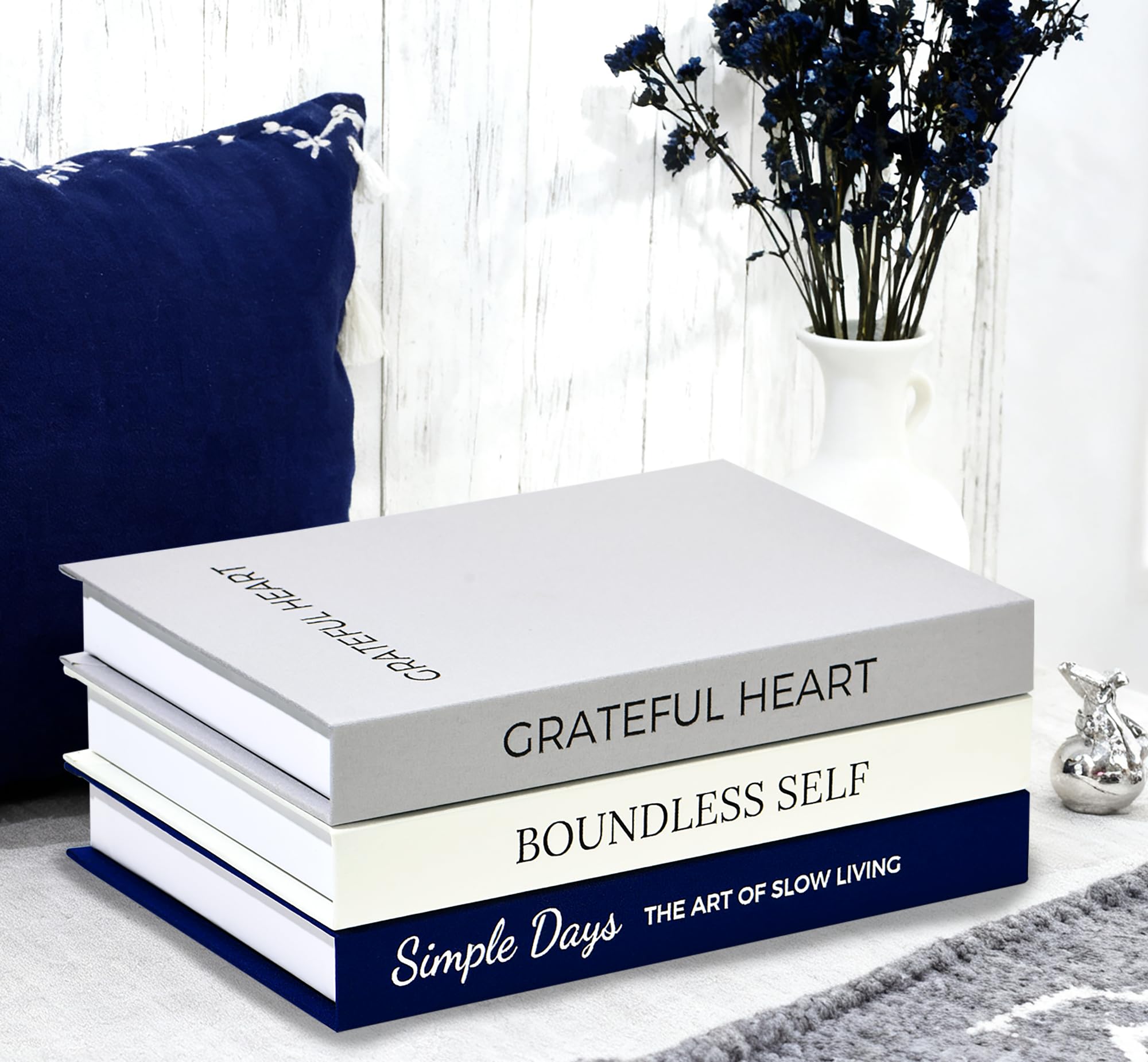 Set di 3 libri decorativi estetici blu navy grigio bianco con copertina rigida in lino sintetico, scatola decorativa per libri decorativi per la casa (blu navy filosofico)