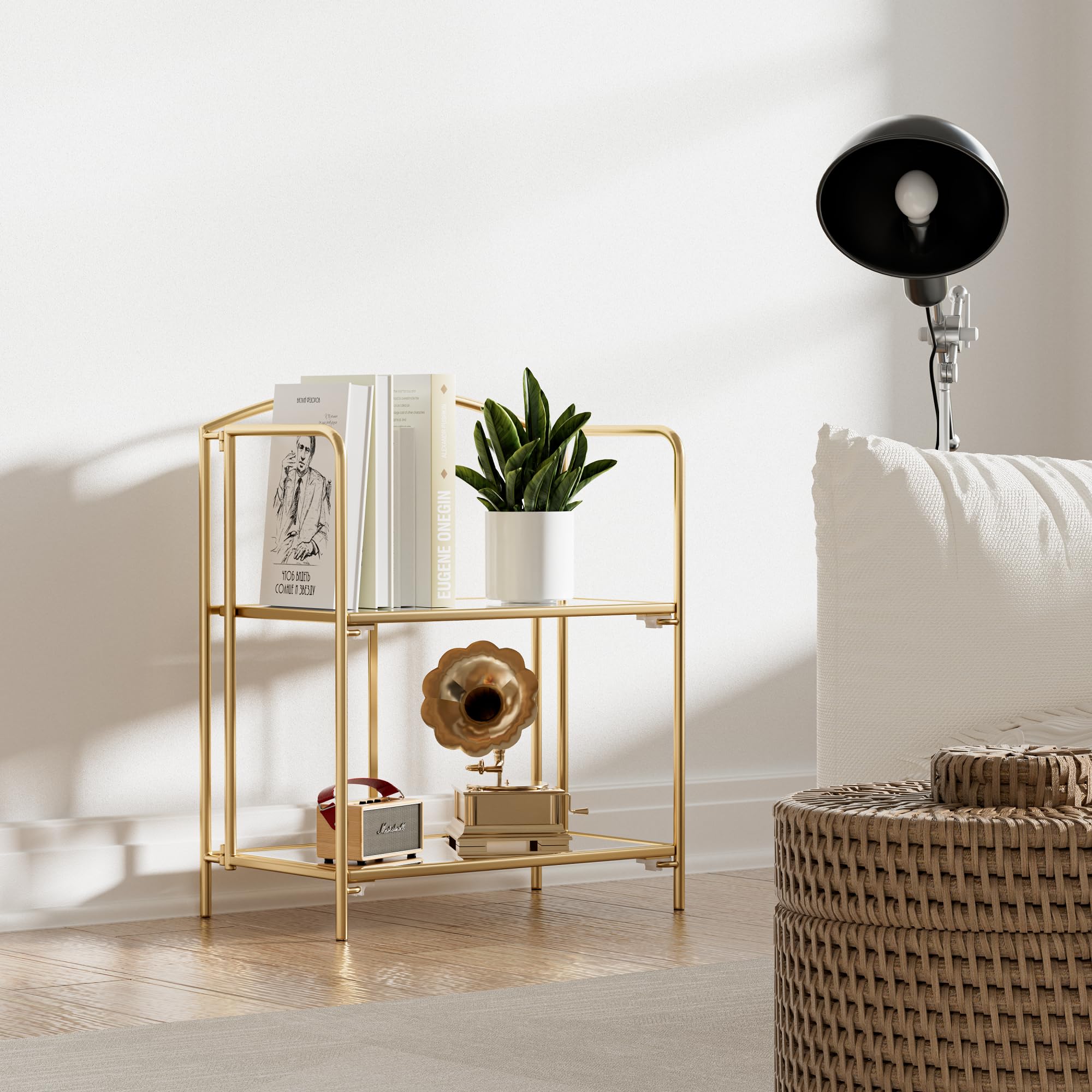 Crofy No Assembly Folding Bookshelf for Living Room, 3 Tier Gold Collapsible Book Shelf for Home Office, Portable Bookcase Storage Organizer: Gold Frame & Transparent Shelf 2 Tier