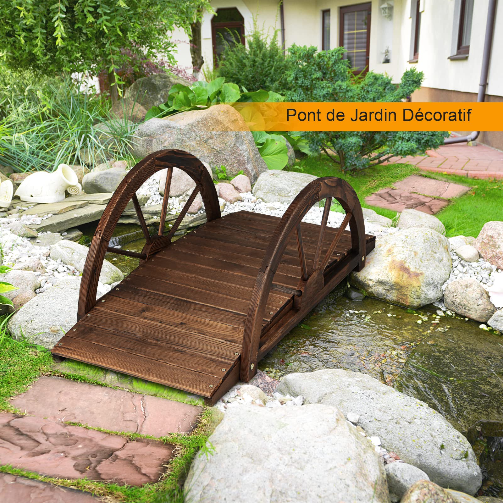 RELAX4LIFE Puente de jardín de Madera con barandilla de Media Rueda de Carga 150 kg, Cubierta de Estanque Resistente, decoración de jardín para Patio Trasero Granja jardín, marrón