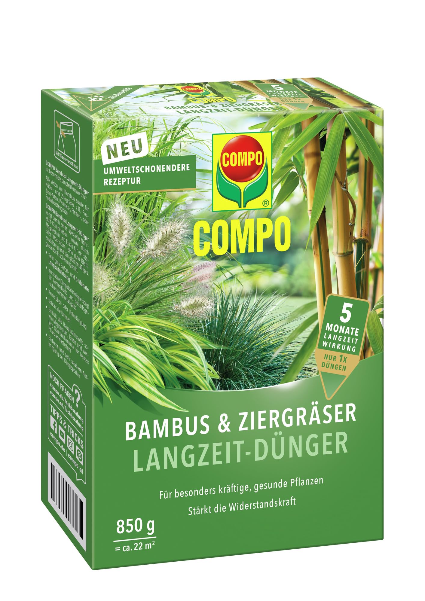COMPO Bambus & Ziergräser Langzeit-Dünger, Umweltschonendere Rezeptur, 5 Monate Langzeitwirkung, 850 g, 22 m²