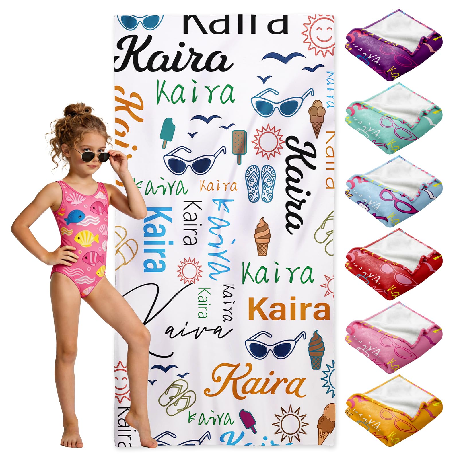 Loosusu Personalised Beach Towels for Kids Adults - Custom Kids Beach Towels with Initial Monogram & Name- Customised Sand Free Quick Dry Kids Bath/Pool/Swim Towel for Boys Girls(11 Colors)
