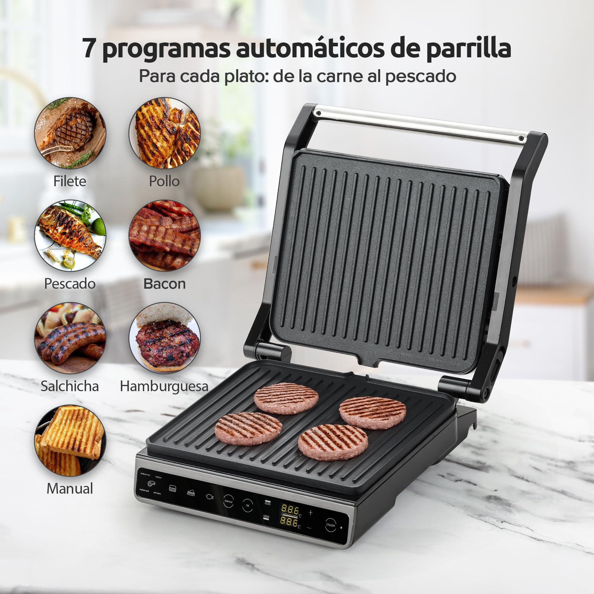 Olvy Parrilla de Contacto con Pantalla Táctil - Sin PFAS - 7 Programas Automáticos - Apertura 180° 1800W - Placas Antiadherentes - Termostato & Temporizador - Sandwichera & Grill para Paninis de Ace