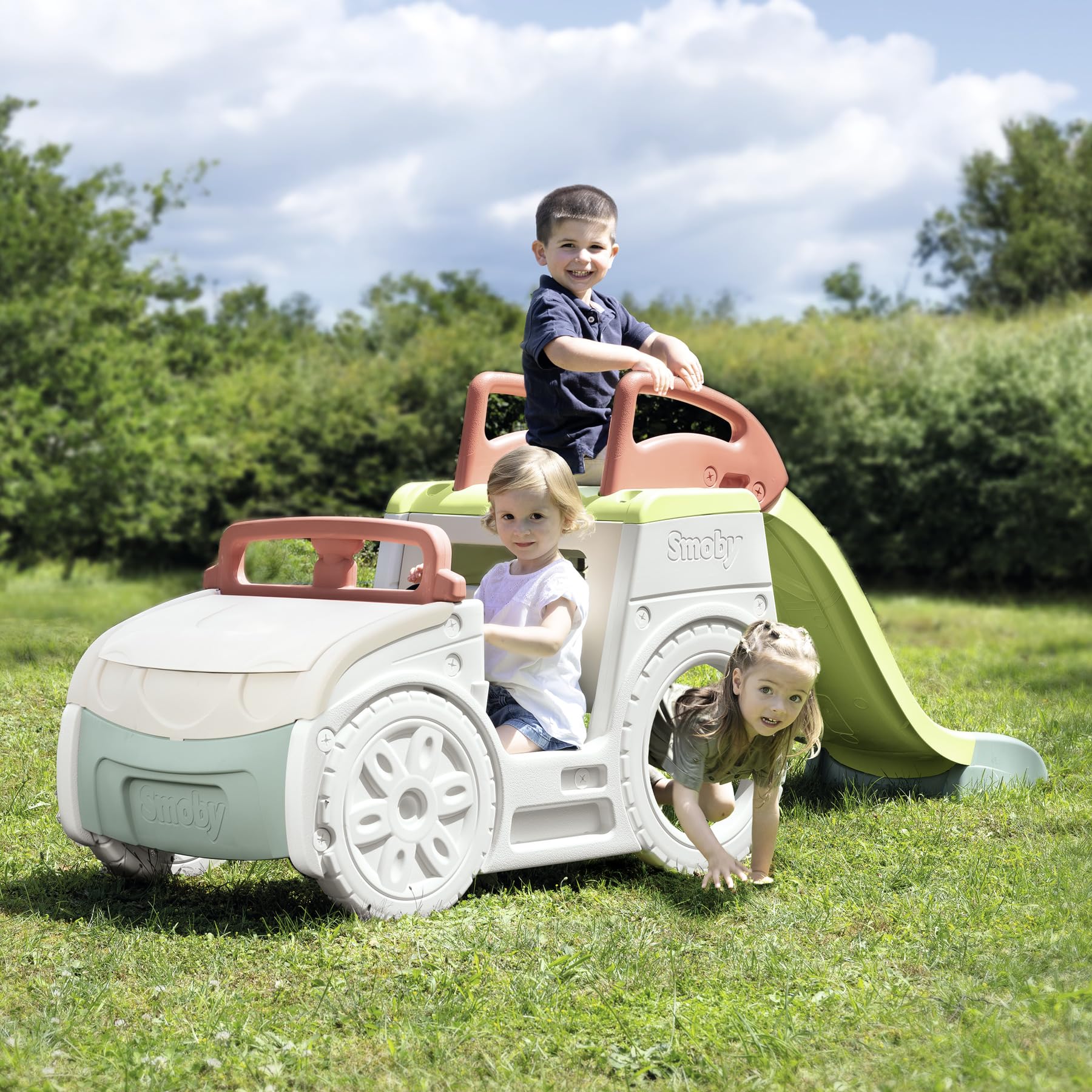 Smoby Life Coche Aventura Multiactividad – Estación de Conducción, Tobogán de 1,50 m, Caja de Arena con Tapa, Plástico Reciclado, para Niños a Partir de 18 Meses (7600840207)